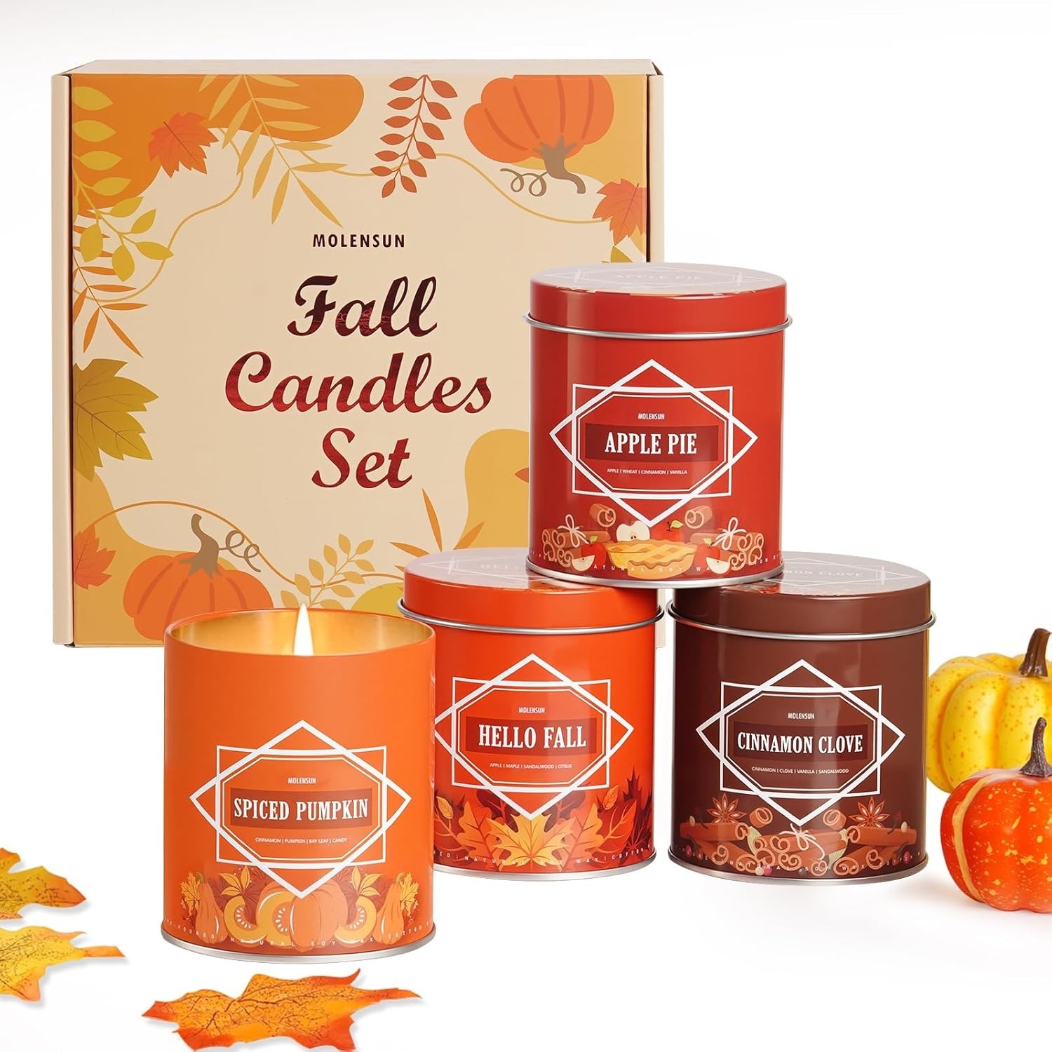 Fall Candles – 36oz (4×9oz) Soy Candles Gift Set with Autumn Scents: Pumpkin Spi
