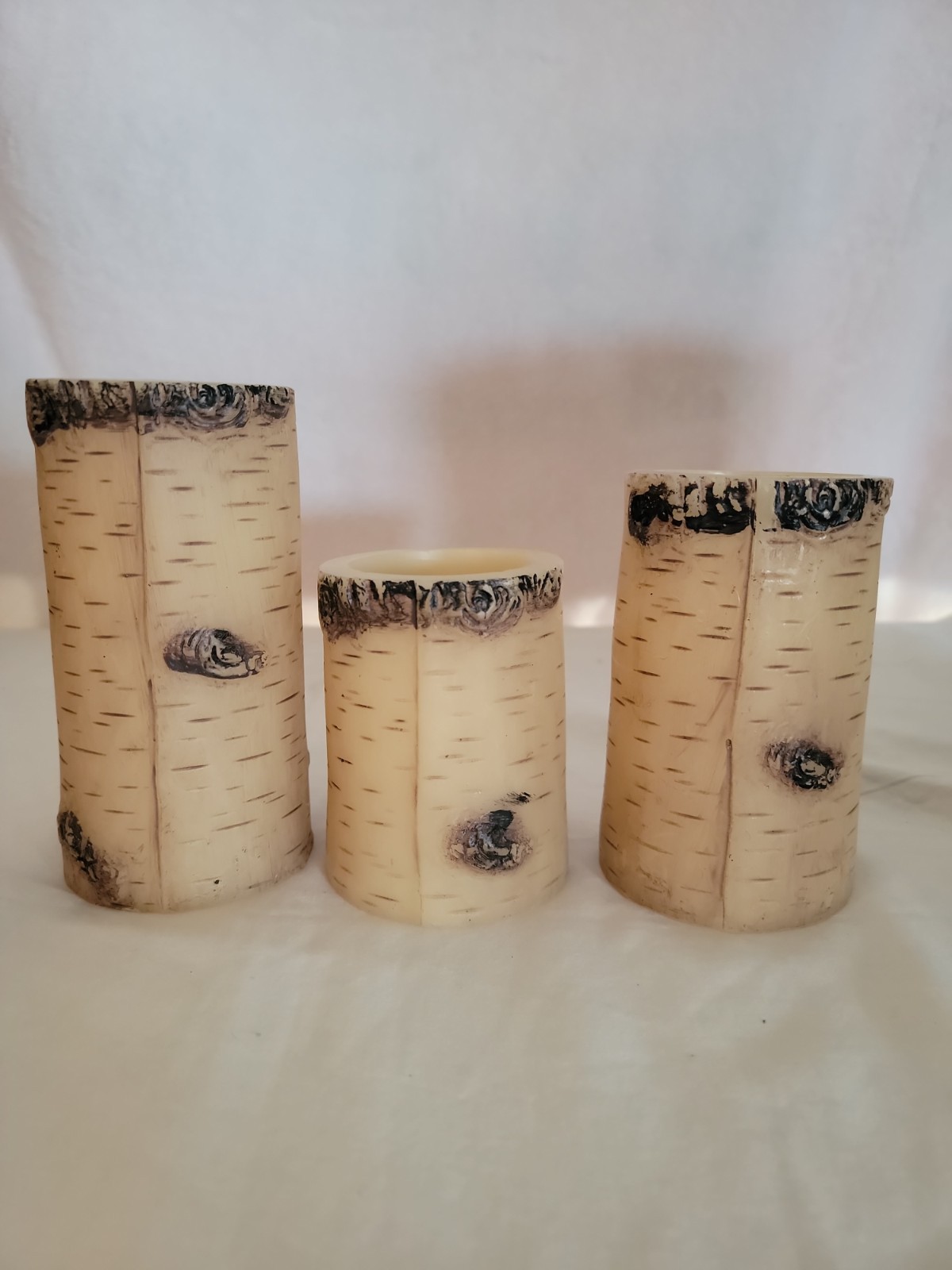 3 Birch Candles W/ Electronic Wick. Remote, runs On 3 AAA Batteries