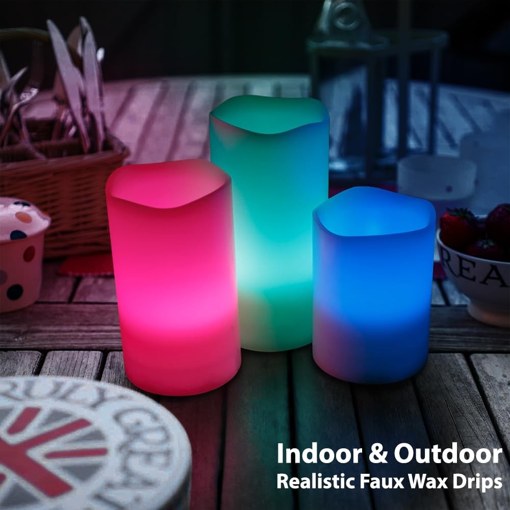 Set of 3 LED Multi-Color Changing Real Wax Ivory Pillar Candles (4”, 5”, 6”) …