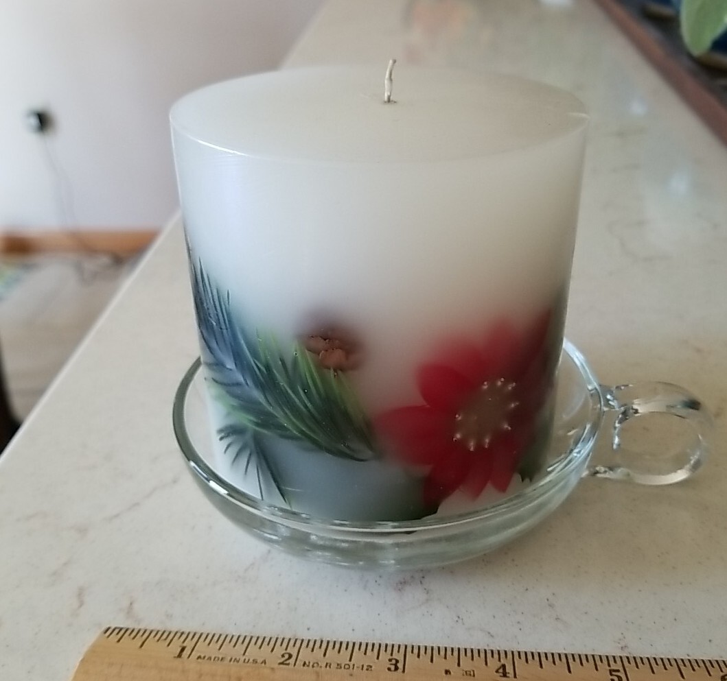 Poinsettia and Juniper Botanical Pillar Candle In Glass Holder. 4 1/2 Inches.