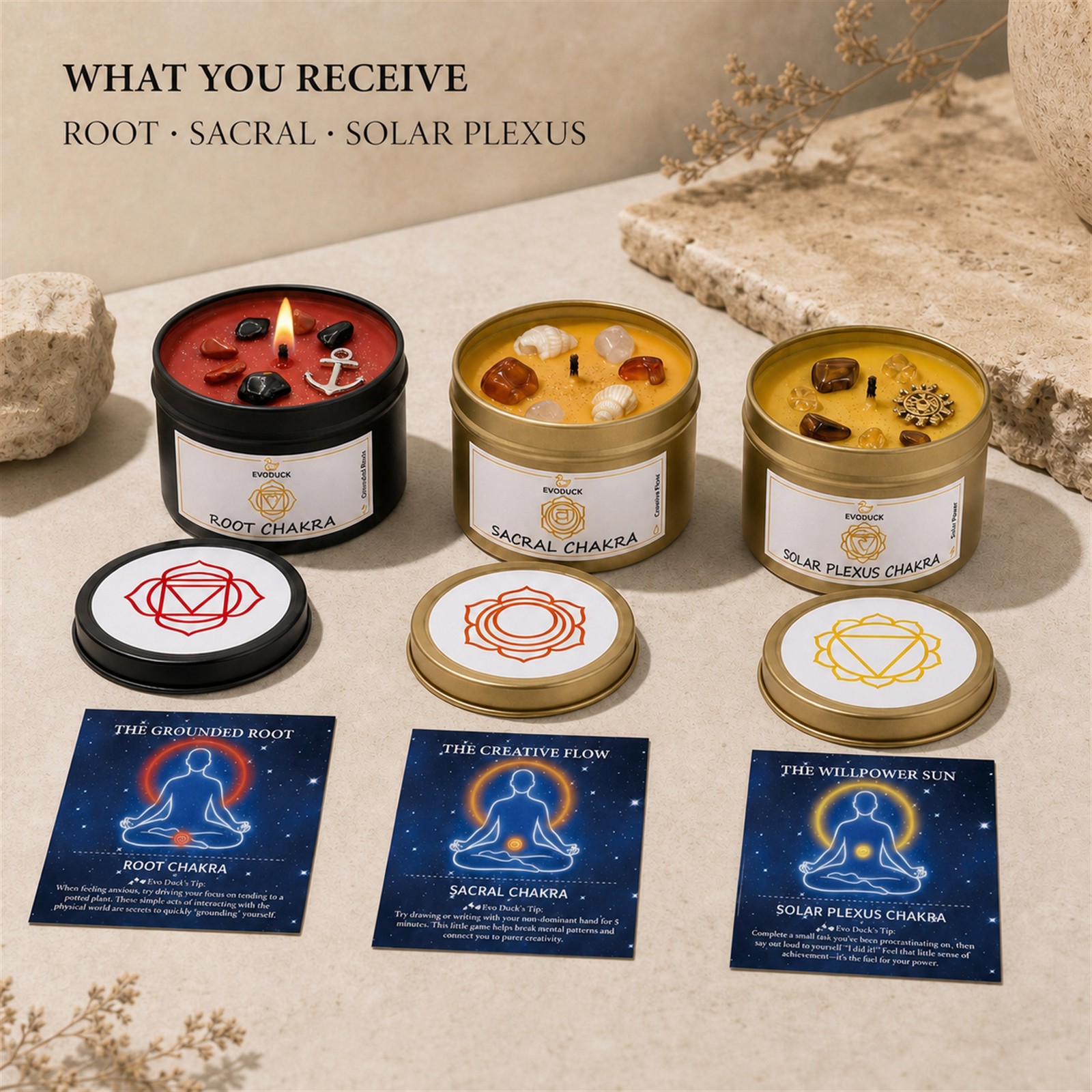 3-Piece EVODUCK Lower Chakra Healing Candle Set, Crystals, Balance Chakras