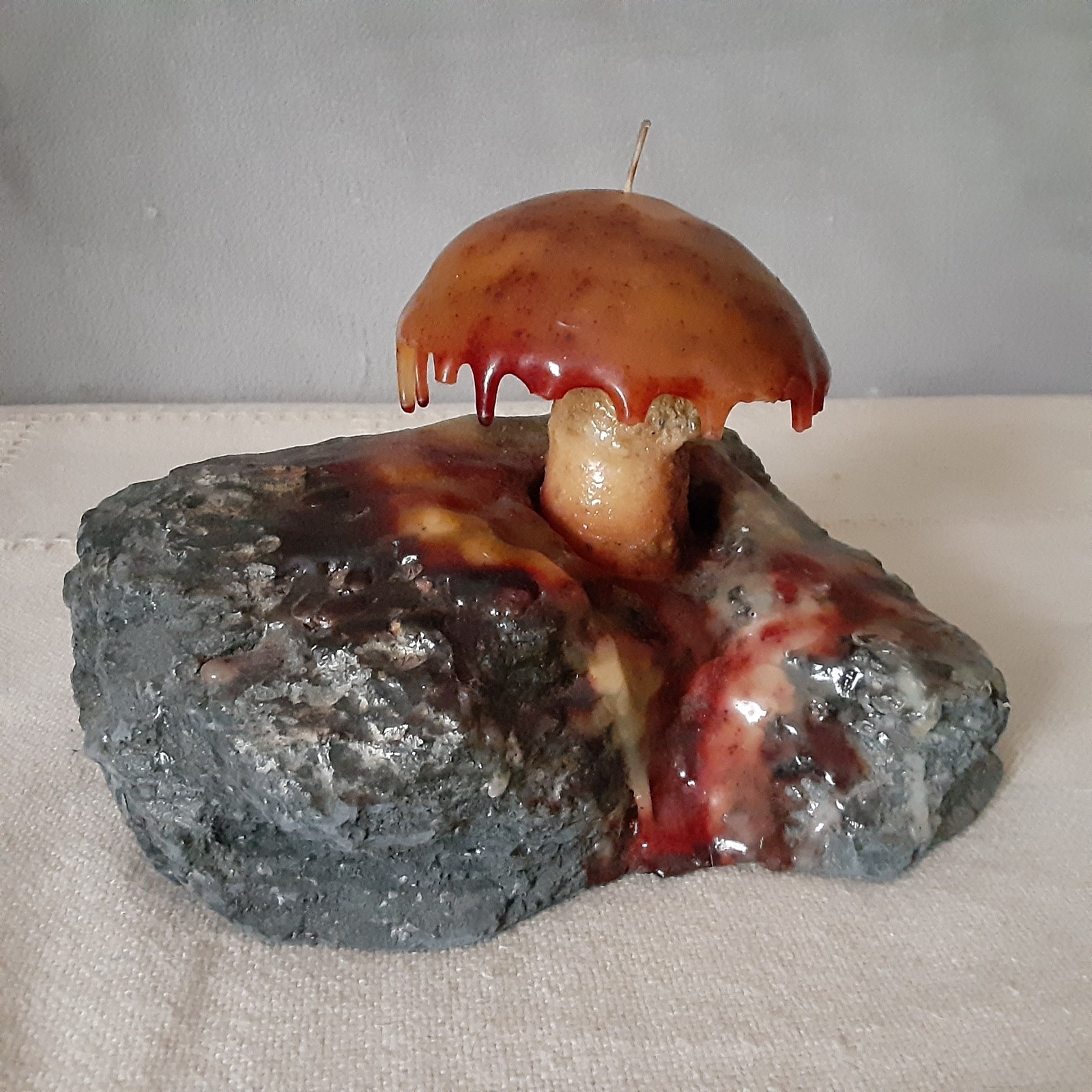 Mushroom Candle Dripping On a Black Rock Decor – Wick Never Lit 8″ Wide Heavy