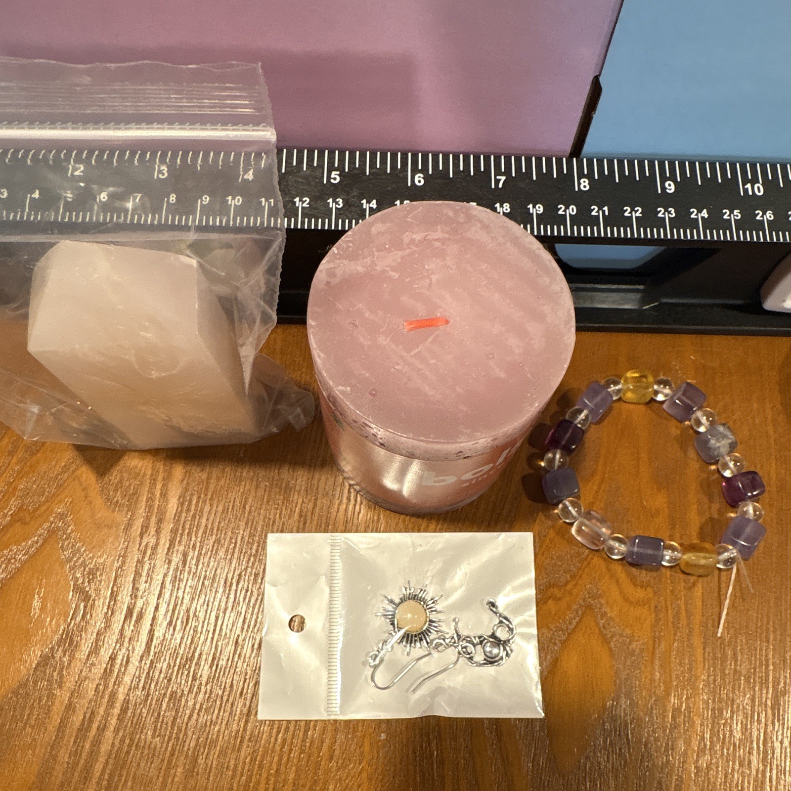 Bolsius Pillar Candle 4in x 3in Wax Candle, Crystal, earrings & bracelet