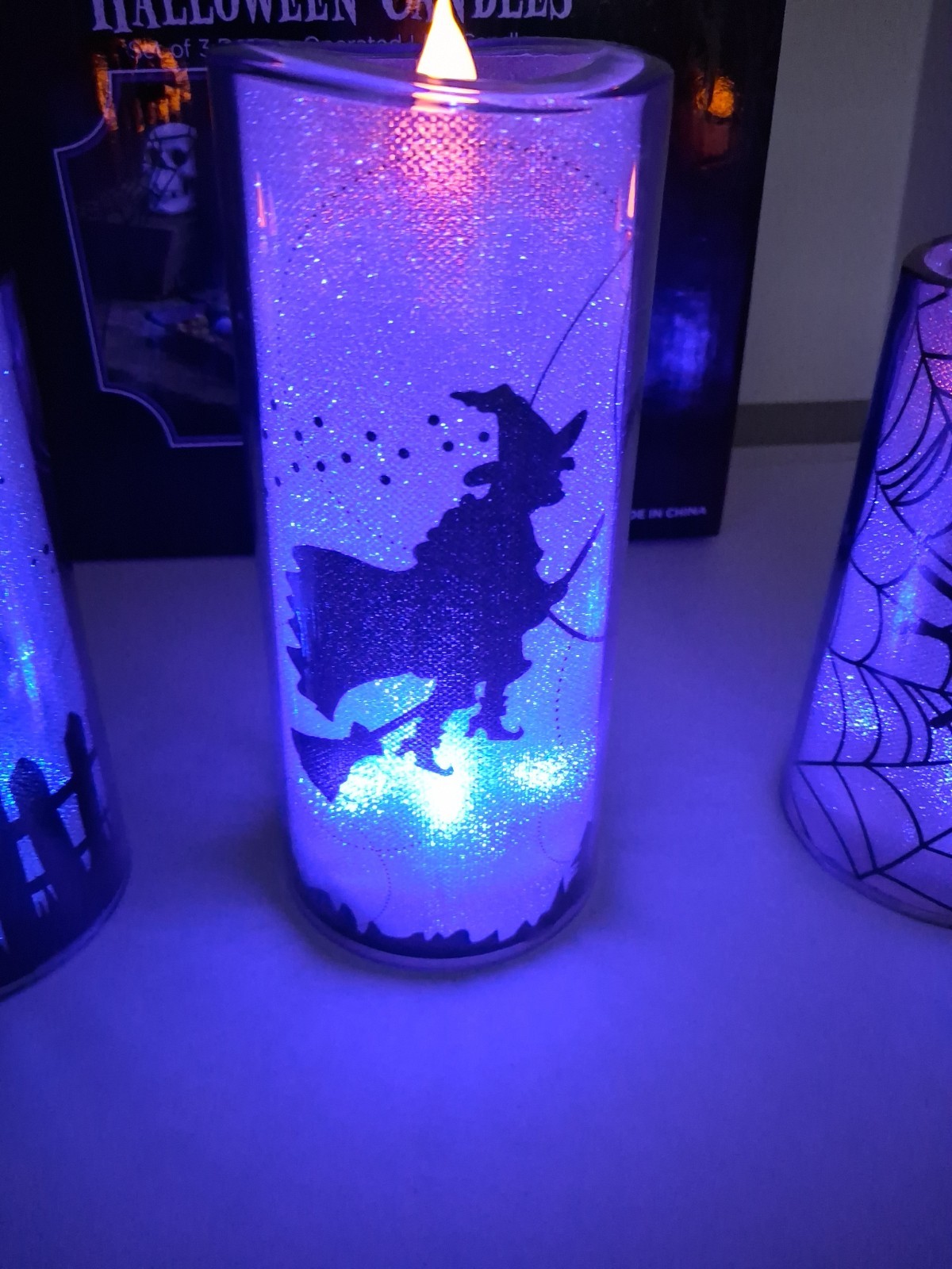 LED Halloween Candles Battery Operated Purple Set of 3 Witch Cat Spider Working
