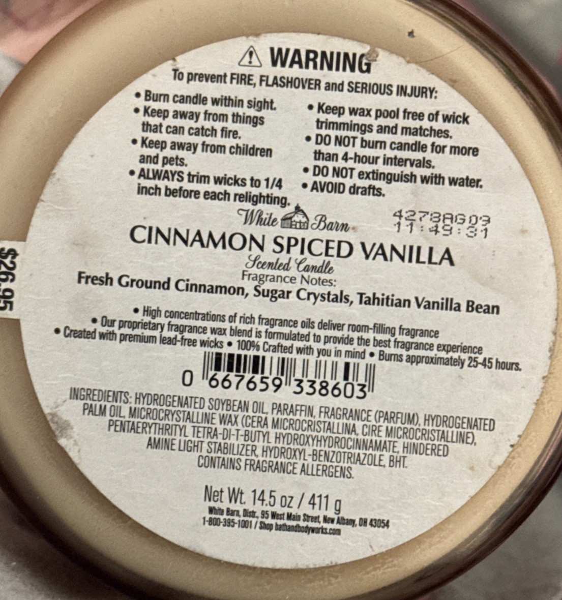 New Cinnamon Spiced Vanilla 3 Wick Candle White Barn Bath&Body Works