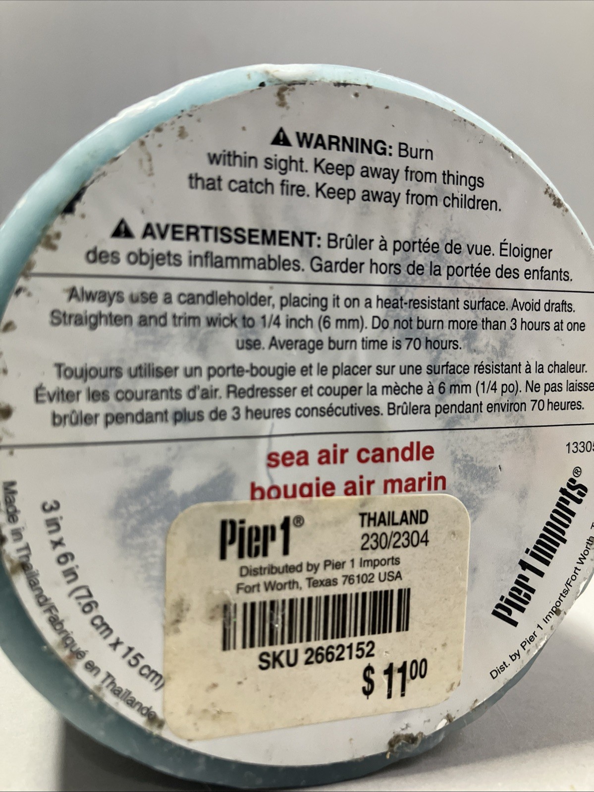 Pier 1 imports Sea Air Collection 3″x6” Scented Pillar Wick Candle Aqua Used