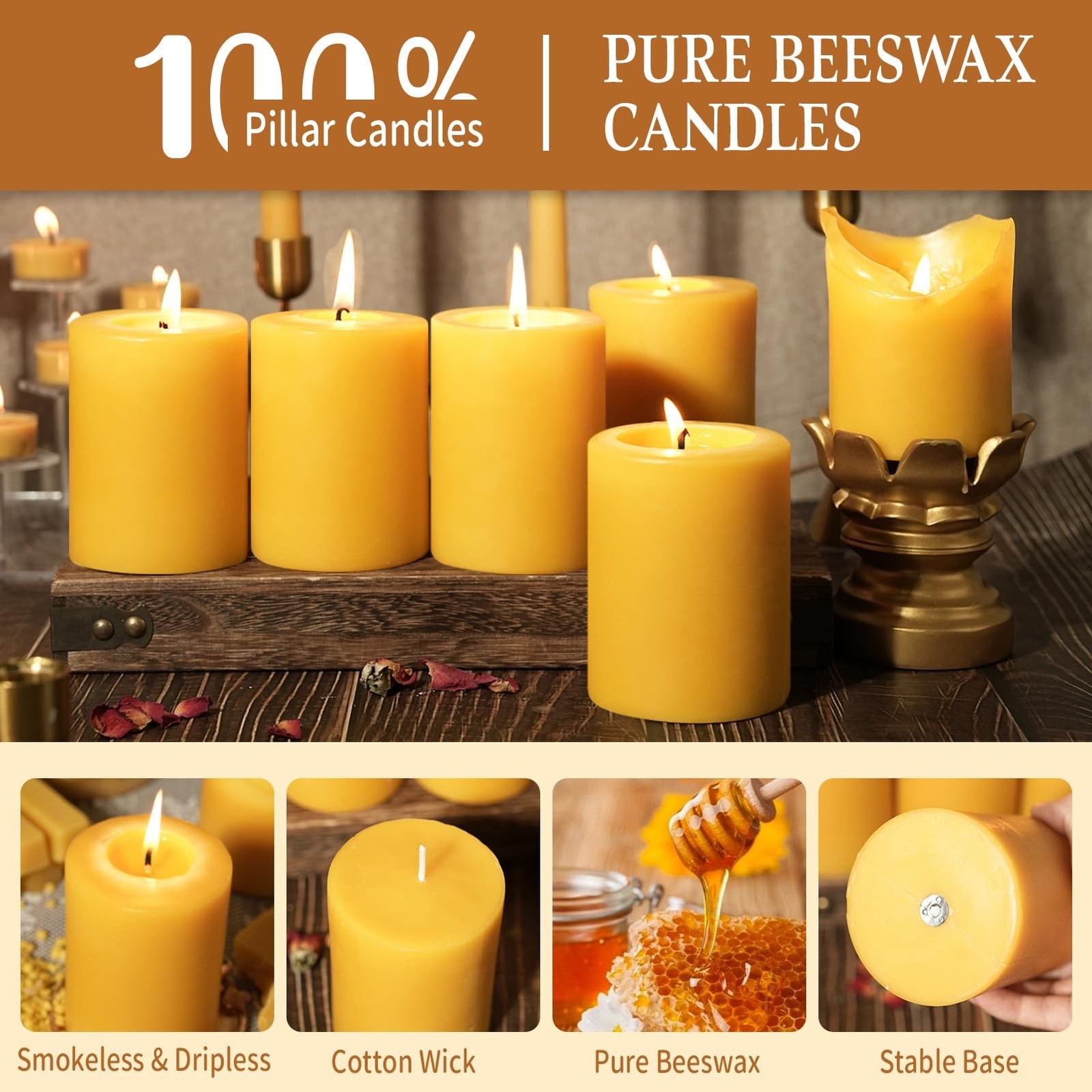 Capaniel Natural Beeswax Pillar Candles, 2 Pack, 3 x 4 Inch, 120 Hours Total