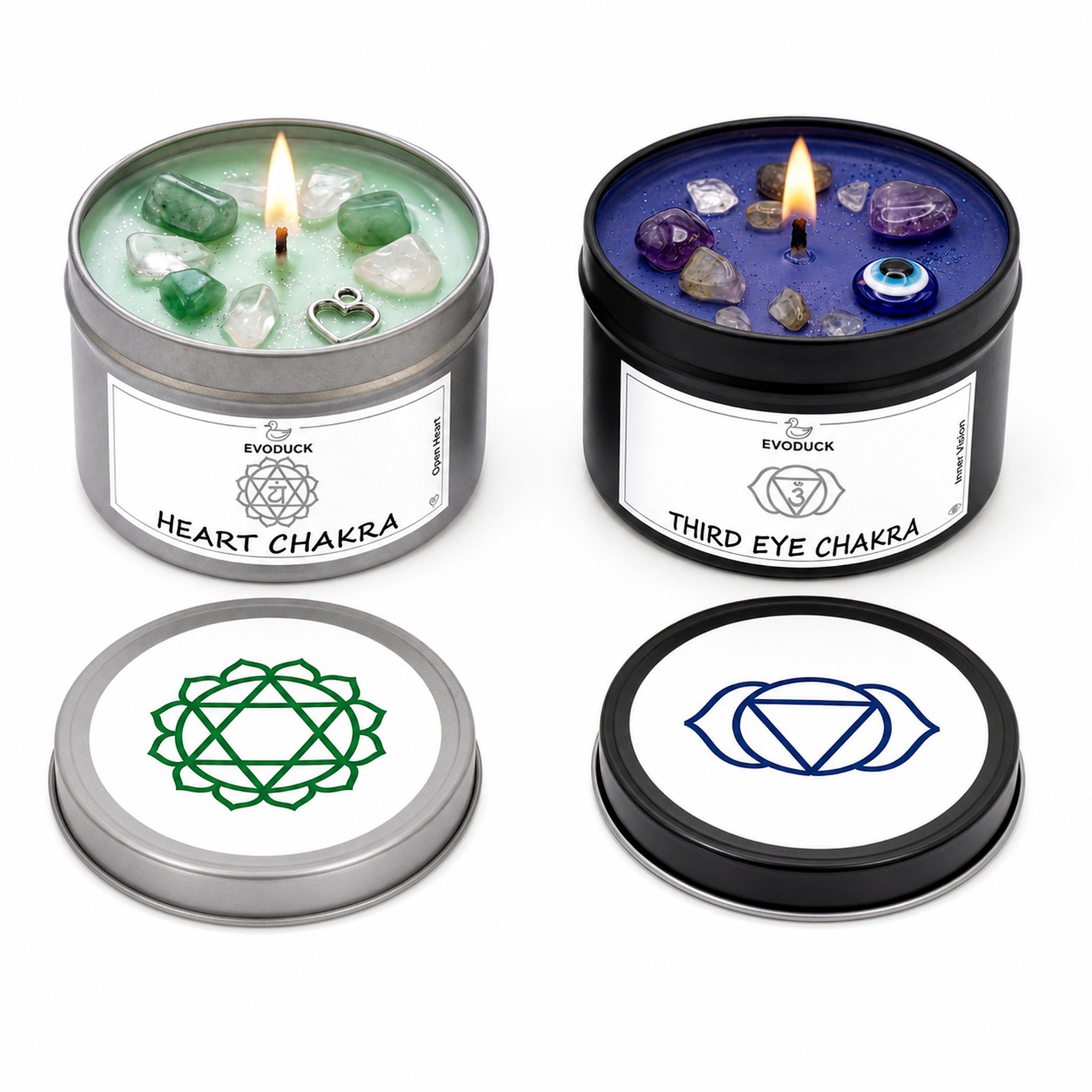 2-Piece EVODUCK Heart & Third Eye Chakra Healing Candles, Crystals