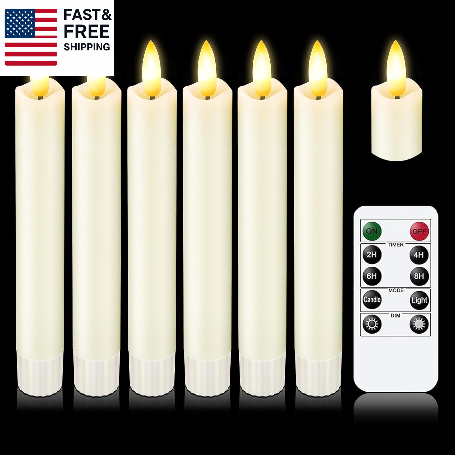 Upgraded Real Wax Short LED Flameless Taper Candles with Remote, 6 PCS White