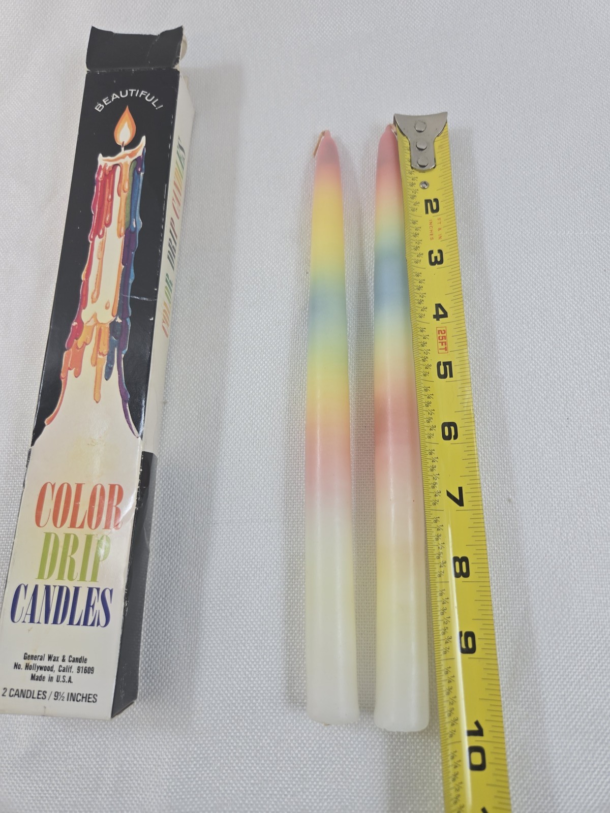 Vintage General Wax & Candle Color Drip Taper Candles 9.5″ Rainbow Ombre Pair