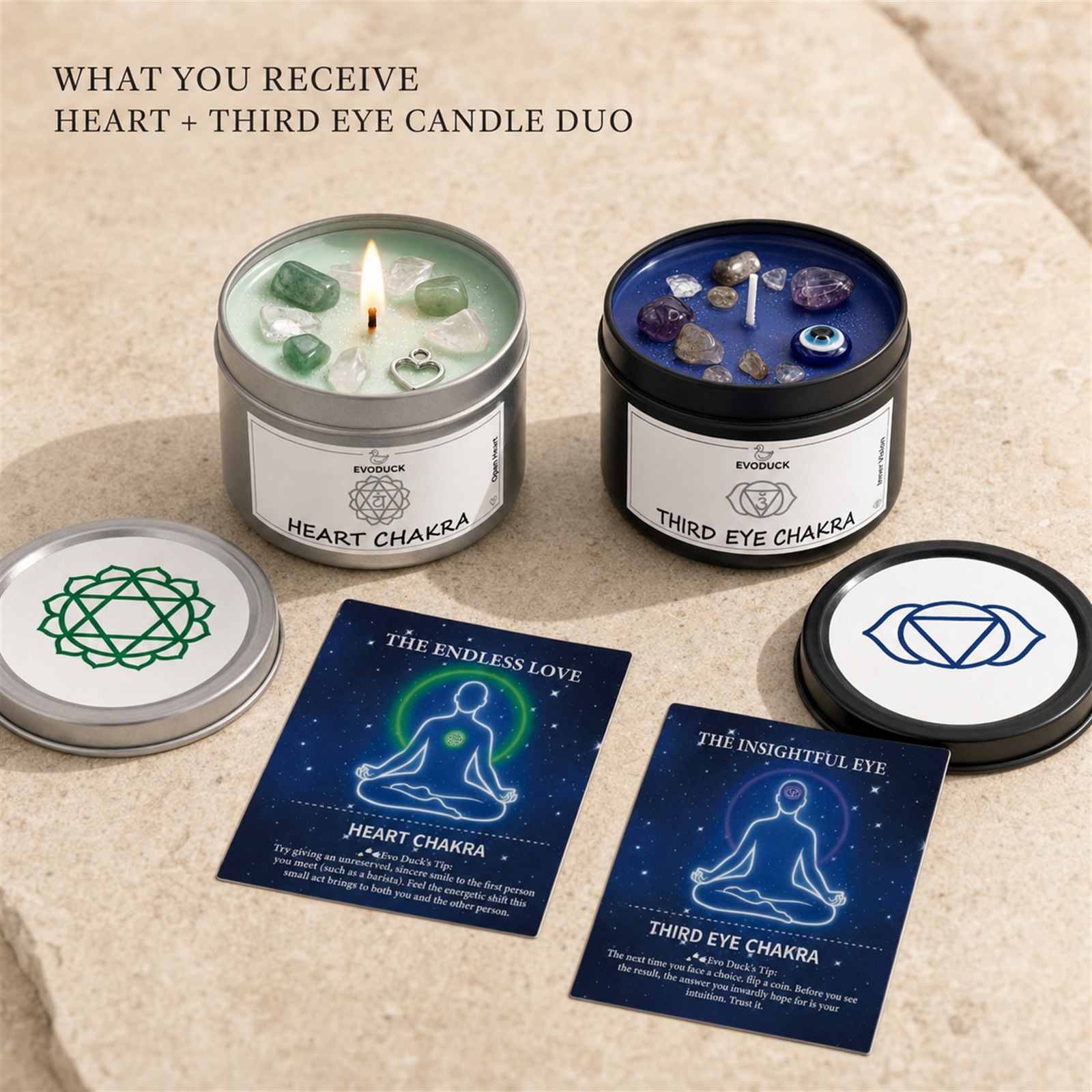 2-Piece EVODUCK Heart & Third Eye Chakra Healing Candles, Crystals