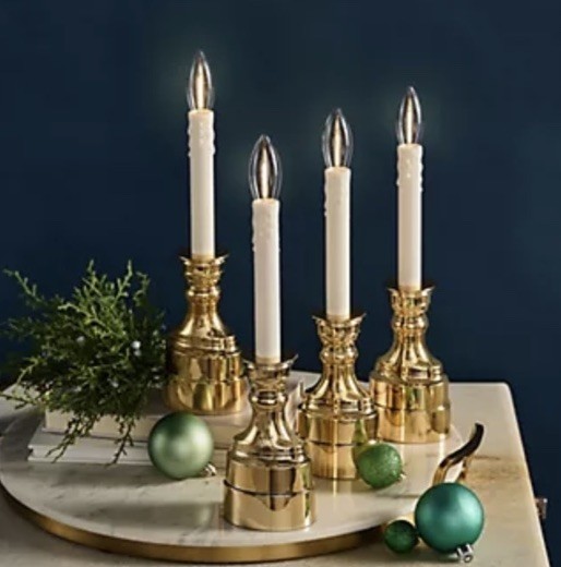 Bethlehem Lights Set of 4 Premium Brass Tone Cordless Timer Window Candles NIB