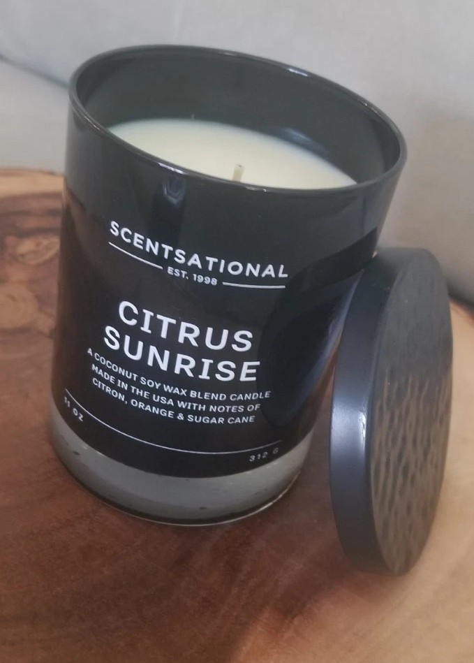 Scentsational Citrus Sunrise Candle 11oz Coconut & Soy Wax Blend Black Glass USA