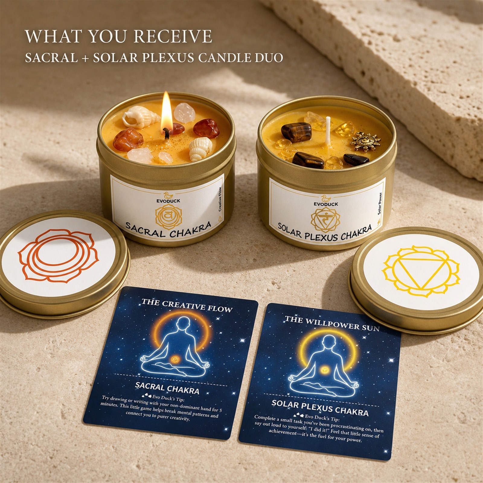 2-Piece EVODUCK Sacral & Solar Plexus Chakra Candles, Crystals, Success