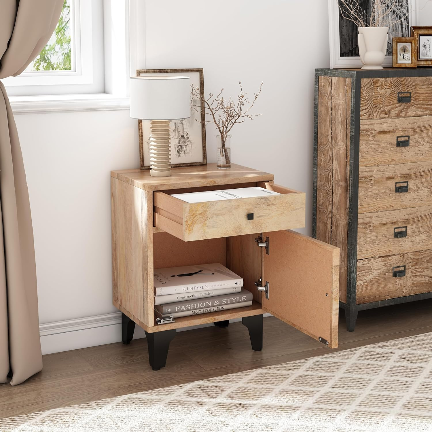 Shinon Mango Wood Nightstand with 1 Drawer, End Table/Sofa/Bed Side Table/Storag