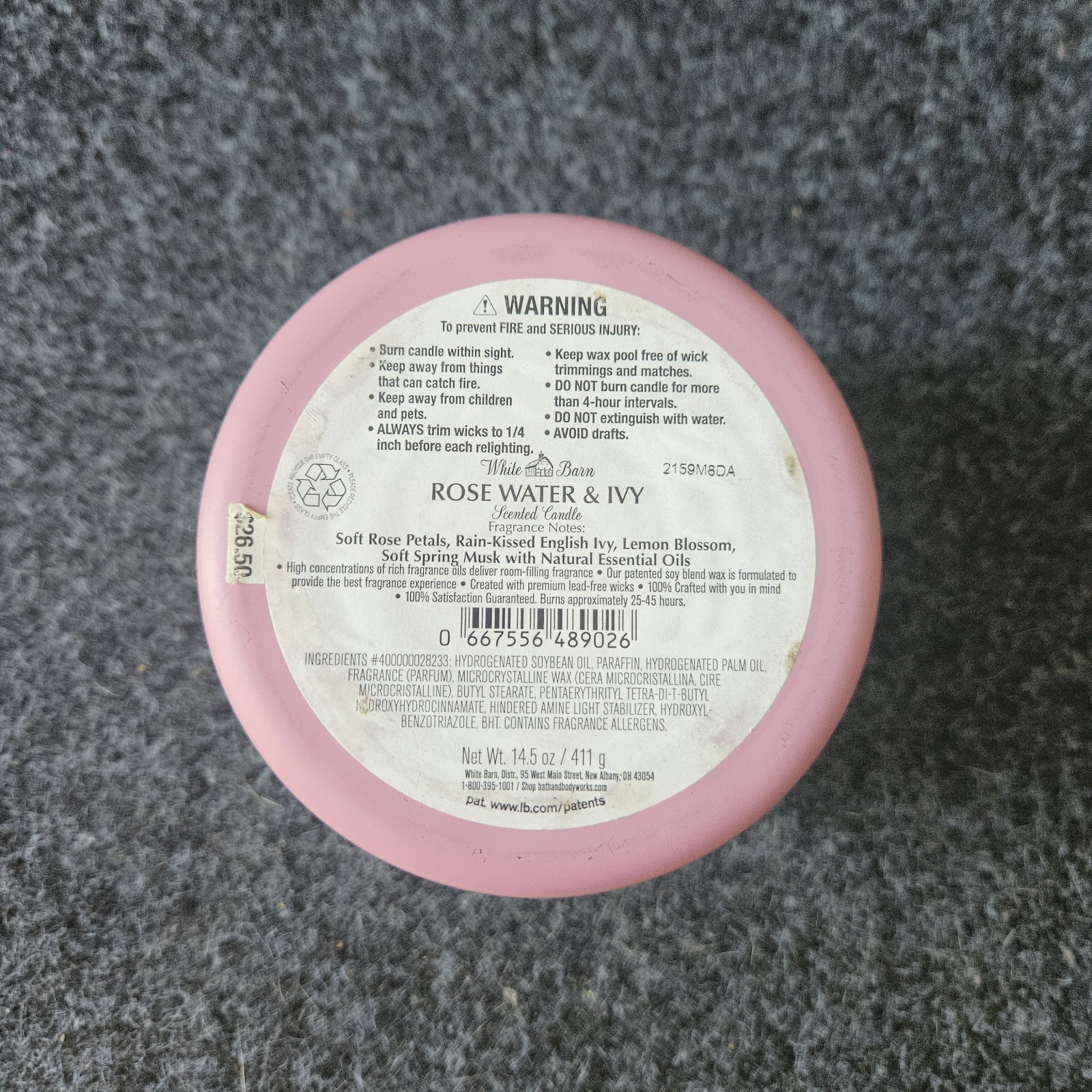 Bath & Body Works White Barn Rose Water & Ivy 3 Wick Candle 14.5oz