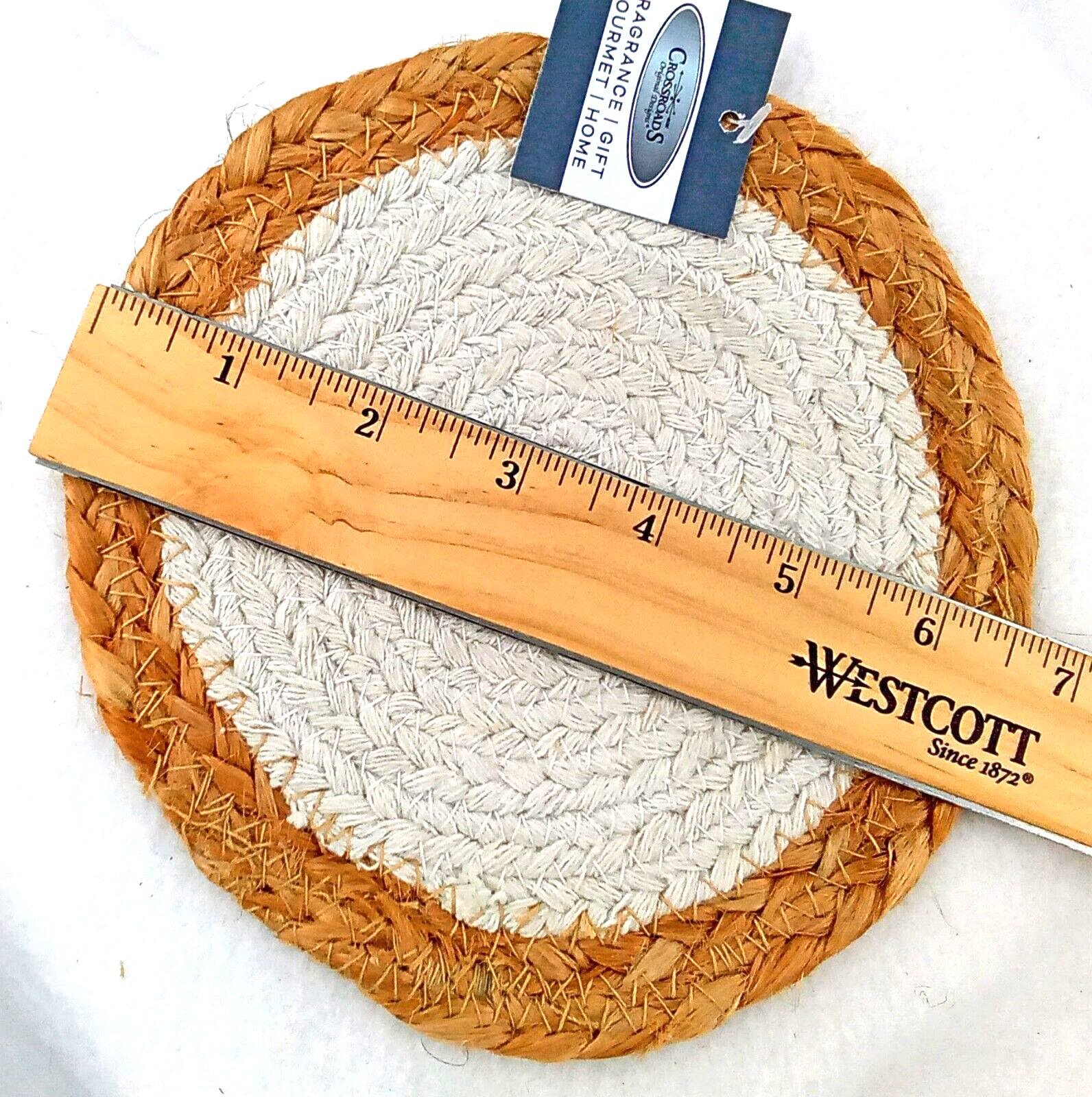 Jute Candle Mat Pad White Cotton Fabric Crossroads Round India Tan Stitched 6.5″