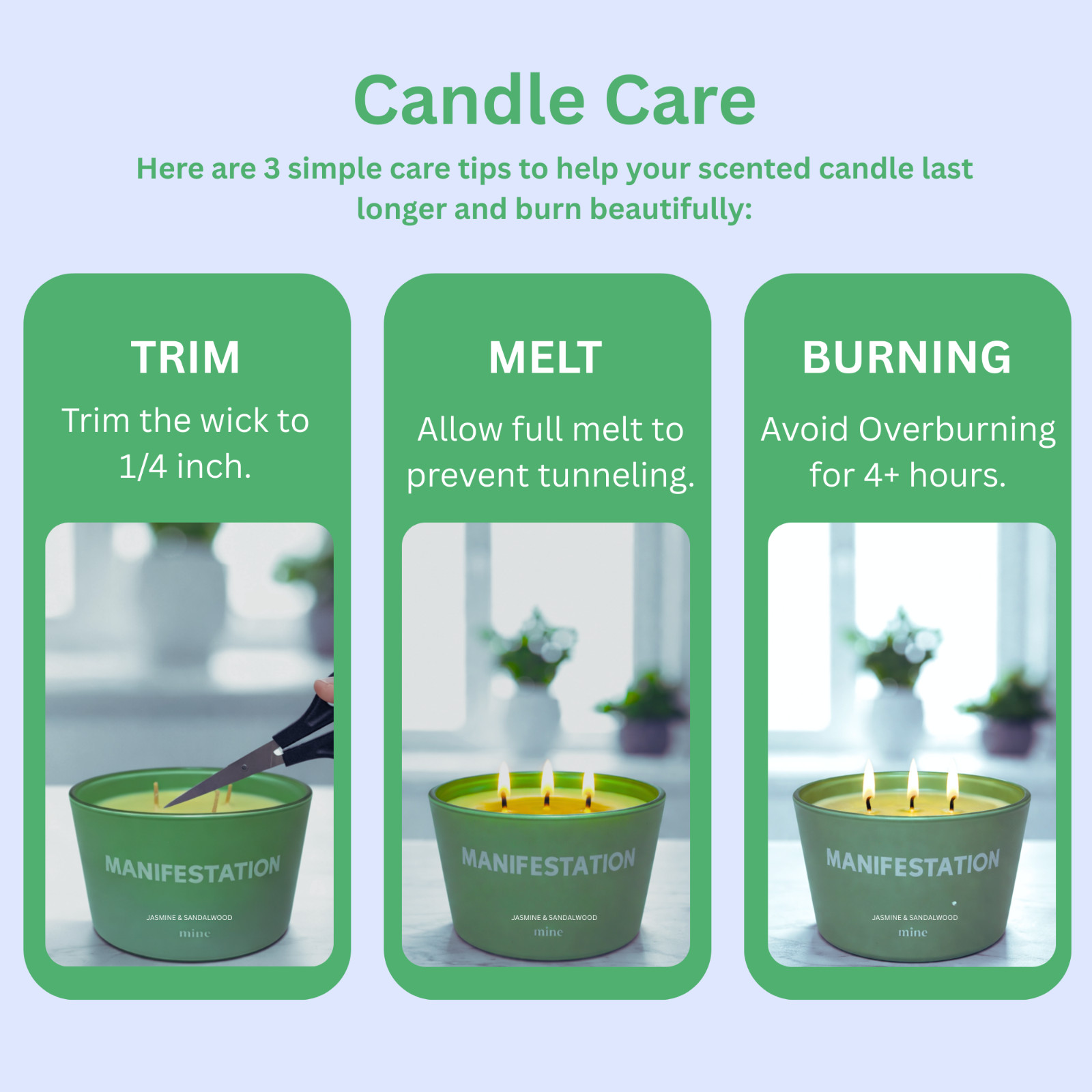 Scented Soy Candle Jasmine & Sandalwood Scent 3 Wick Light Green 50Hr Burn