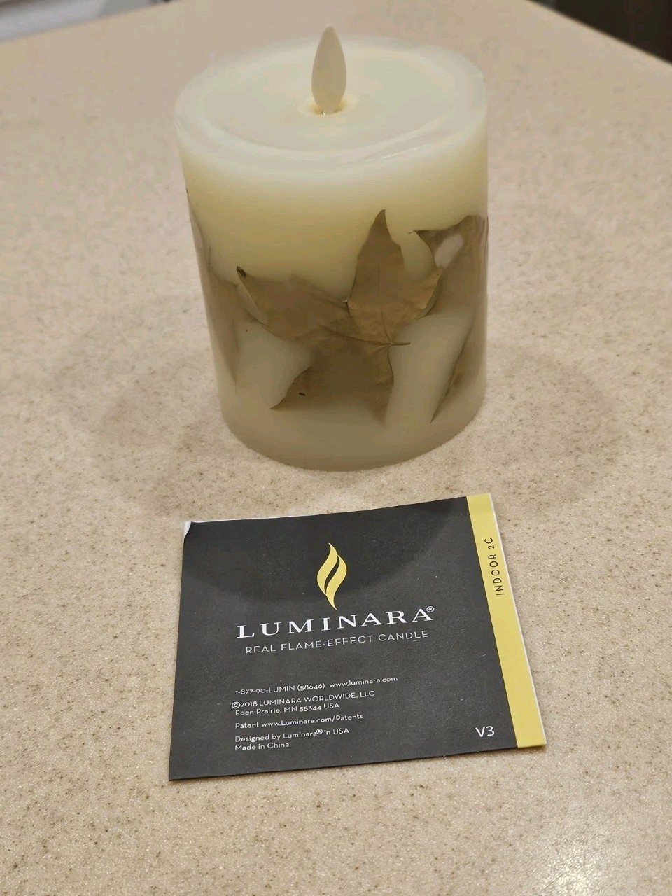 RARE LUMINARA FLAMELESS MOVING WICK FARMHOUSE MODERN RUSTIC LEAF PILLAR CANDLE