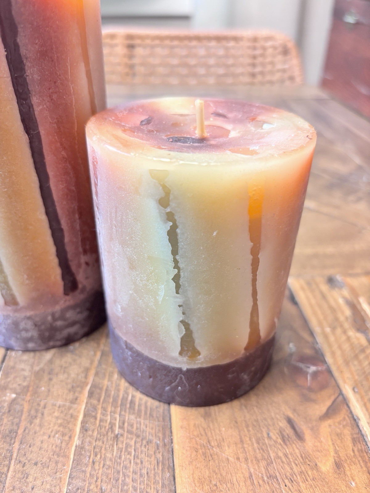Pier 1 Imports Green Orange Brown Textured Candles • Set Of 2 • Single Wick