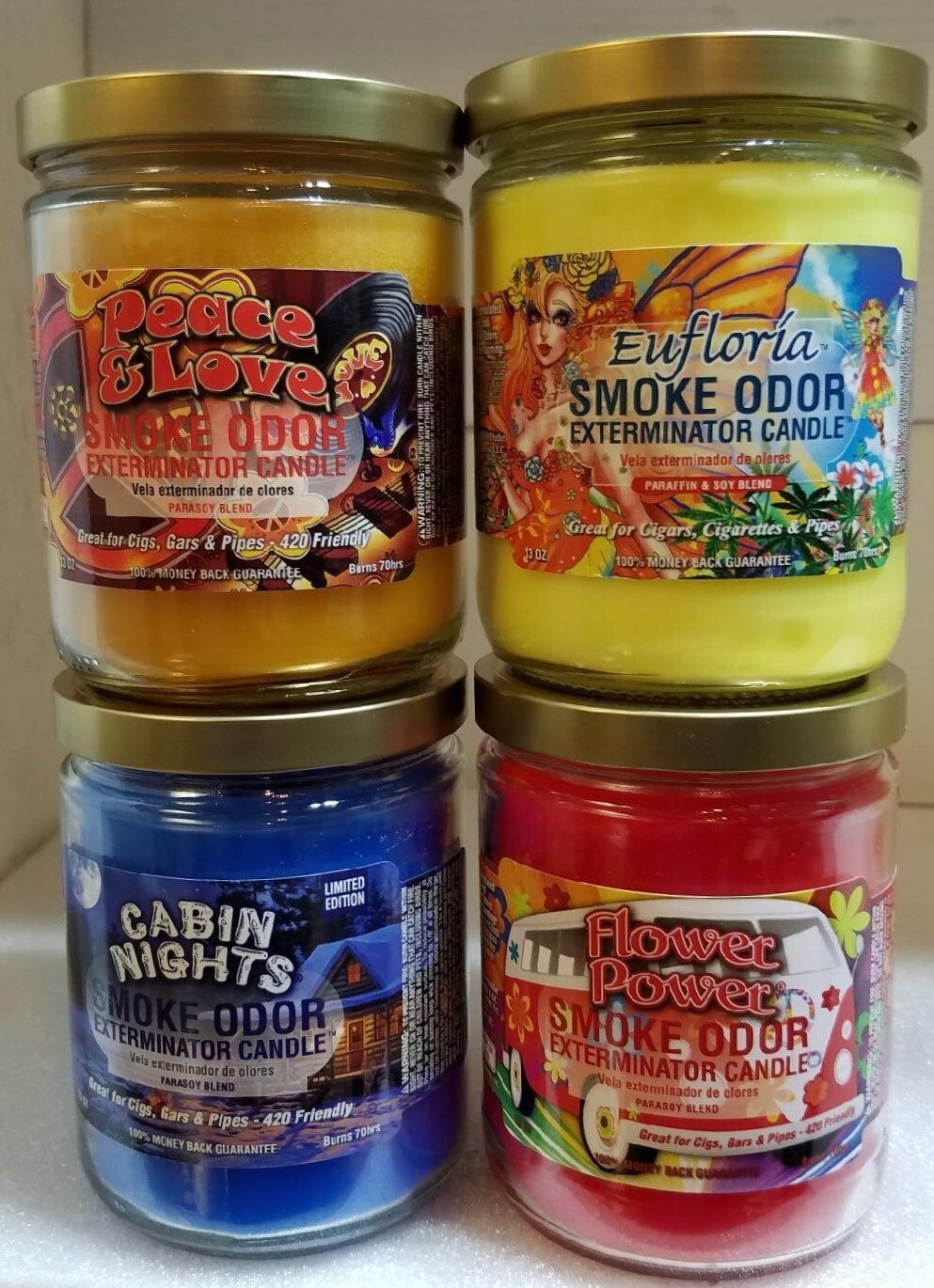 Smoke Odor Exterminator 13 oz Jar Peace & Love, Assortment Set of (4) Candles.