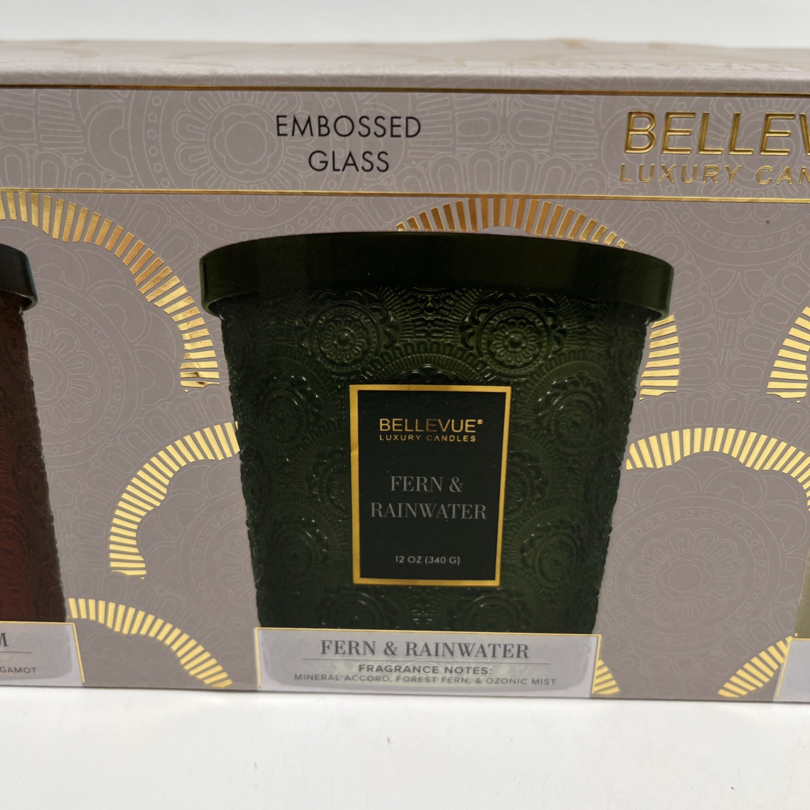 3 Bellevue Luxury Candles Embossed Glass Jars Soy-Blend, Monk, Fern and Cardamom