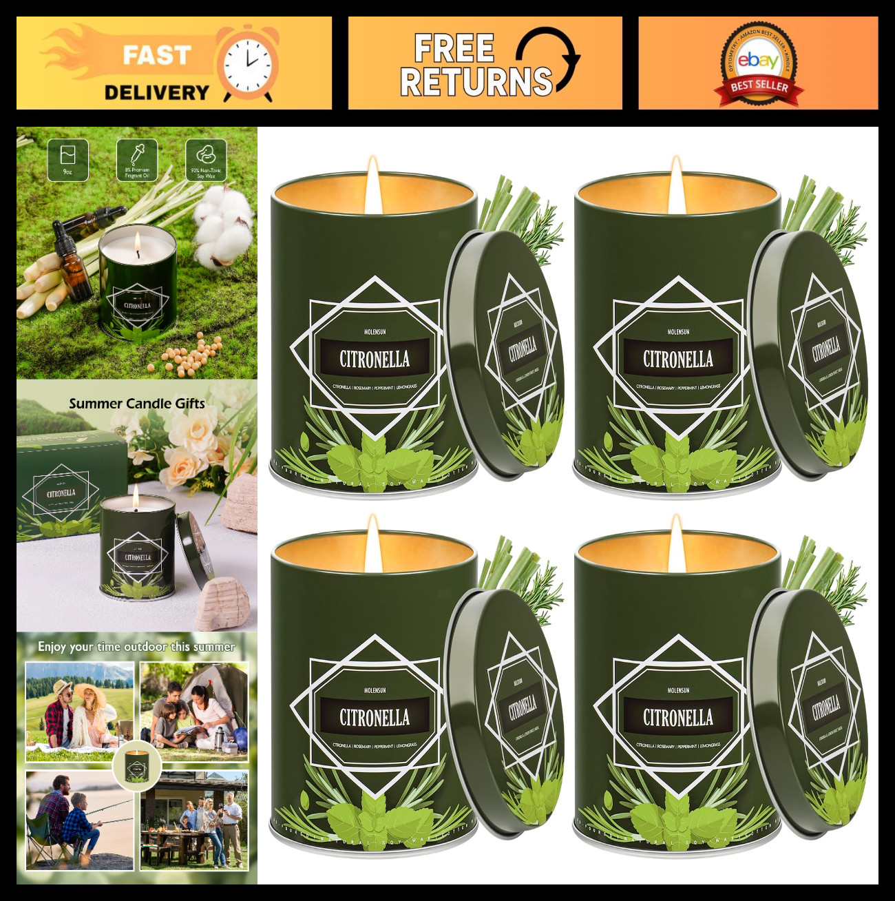 Citronella Candles 4-Pack – 36oz Total for Outdoor Patio, Camping & Garden, 50-H