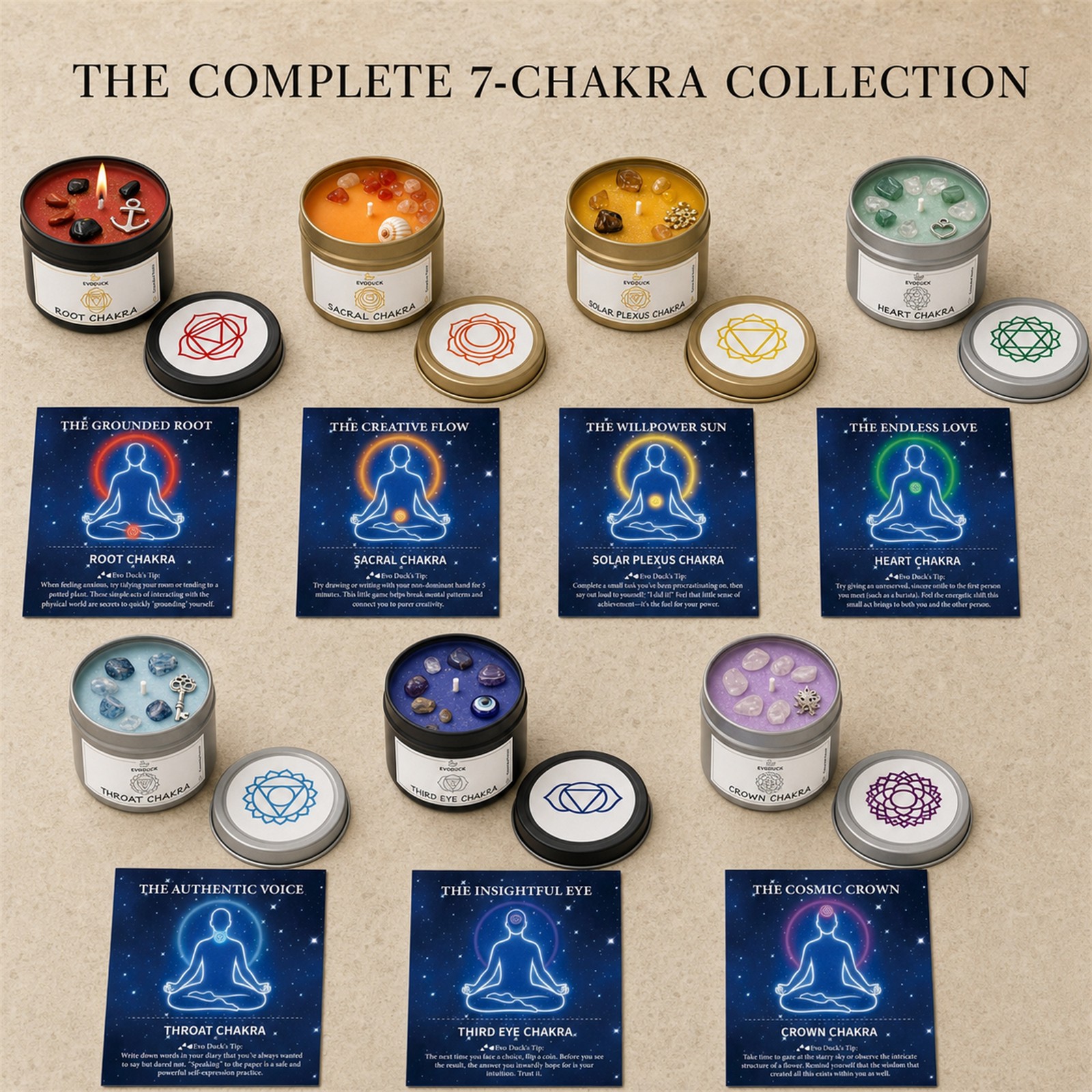 7-Piece EVODUCK Chakra Healing Candle Gift Set, Crystals, Balance Chakras
