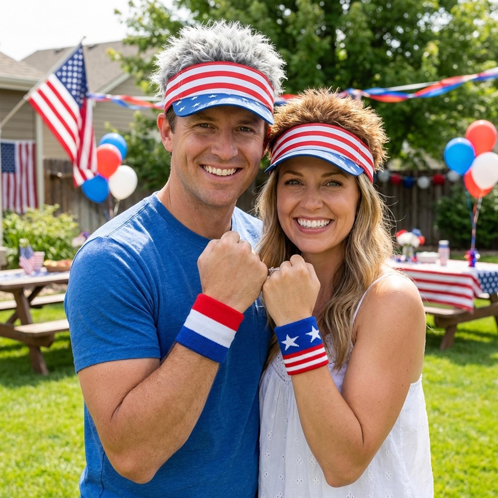SHANGXING 2 Sets American Flag Visor Cap Wig, 4th of July Fake Hairs Visor Ha…