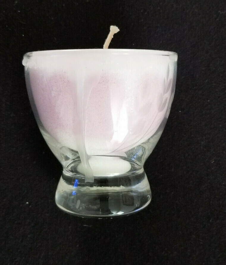 Vtg Handcrafted Wax Crystals Sparkle Candle in 1950’s Etched Glass – 3-1/2″ #2