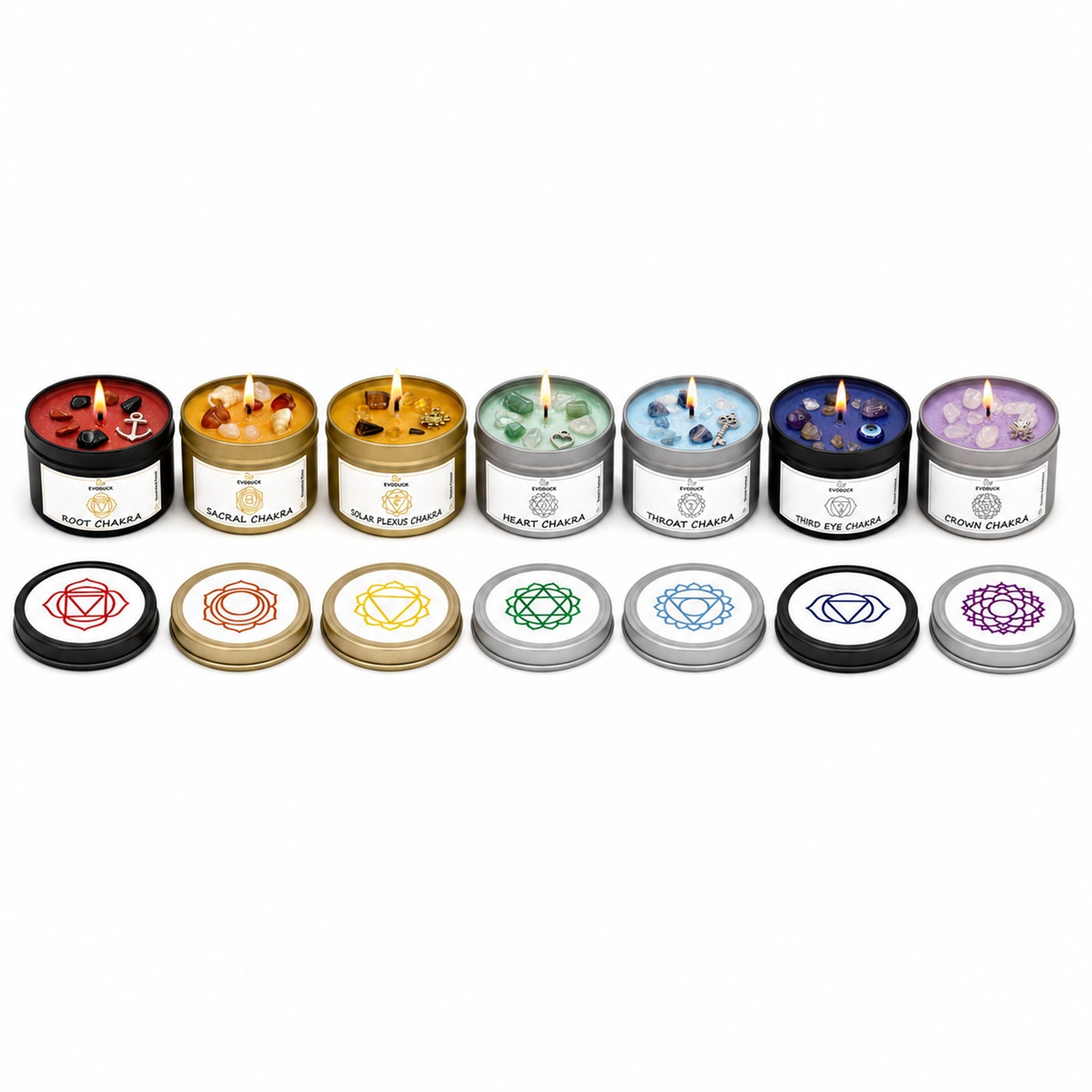 7-Piece EVODUCK Chakra Healing Candle Gift Set, Crystals, Balance Chakras