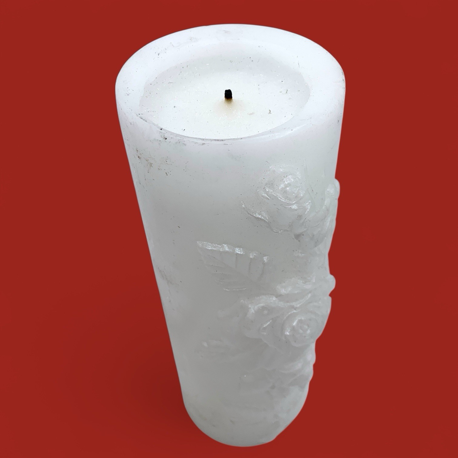 VTG White Embossed Rose Pillar Candle 9” Romantic Floral Decor Unscented Prayer
