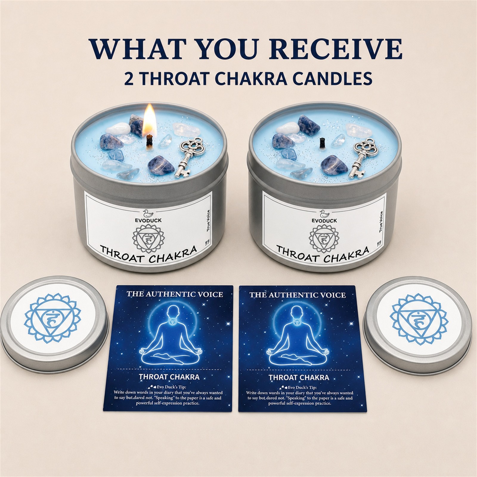 2-Pack EVODUCK Throat Chakra Healing Candles, Crystals, Positive Energy, 3 oz