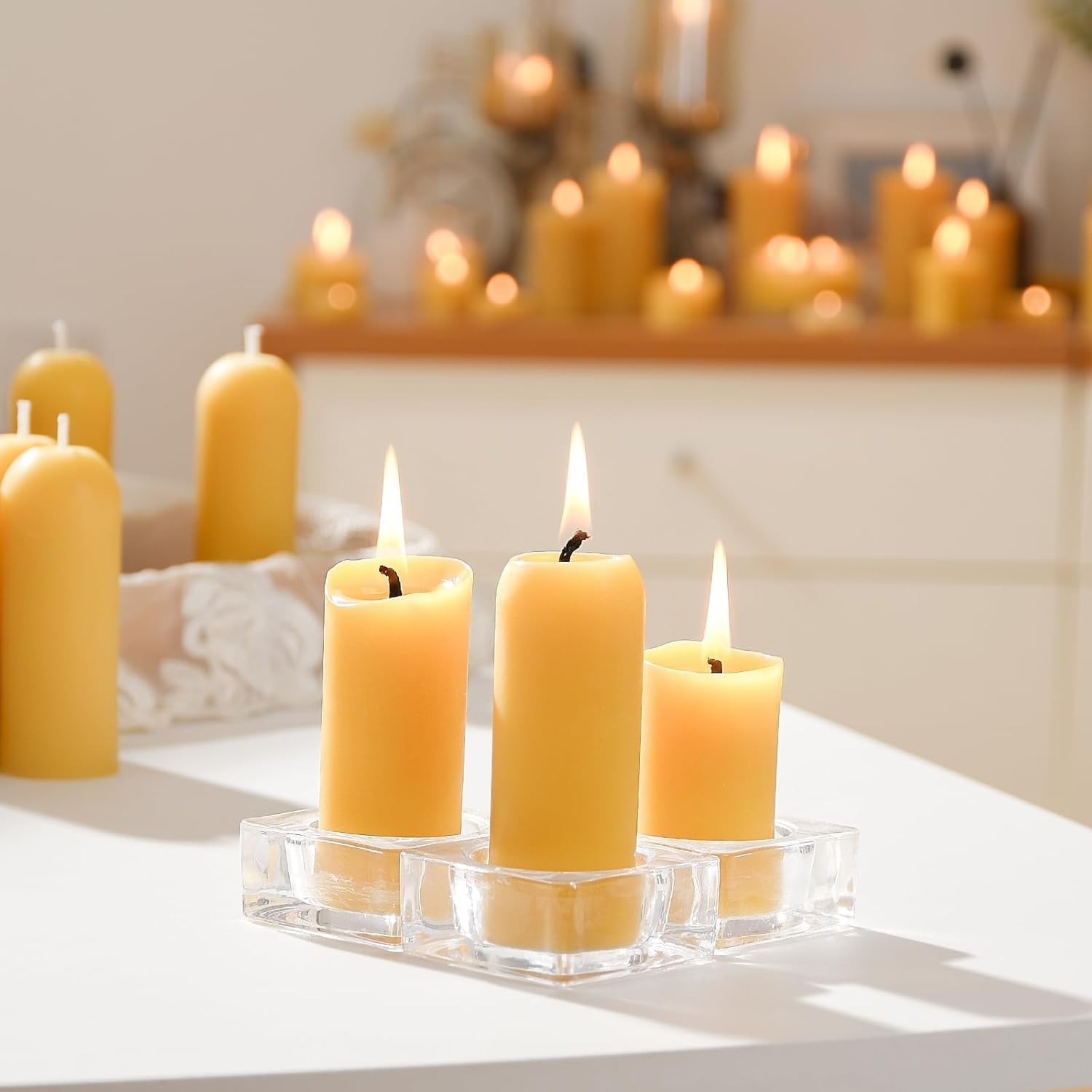 Small Pillar Candles 4-Pack 10-H Long Burning 100% Natural Beeswax WINTER STORM