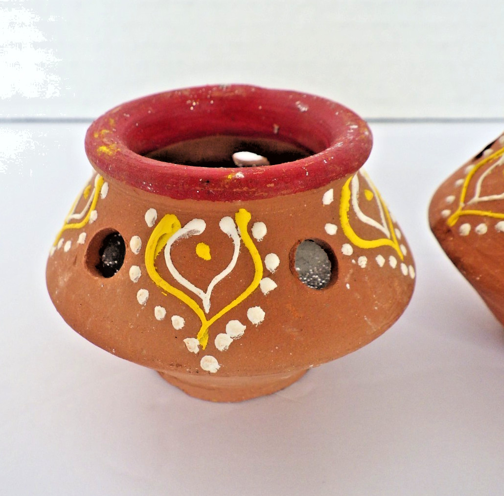 Terra Cotta Clay Diya Candles Hand Painted Set Of 2 India
