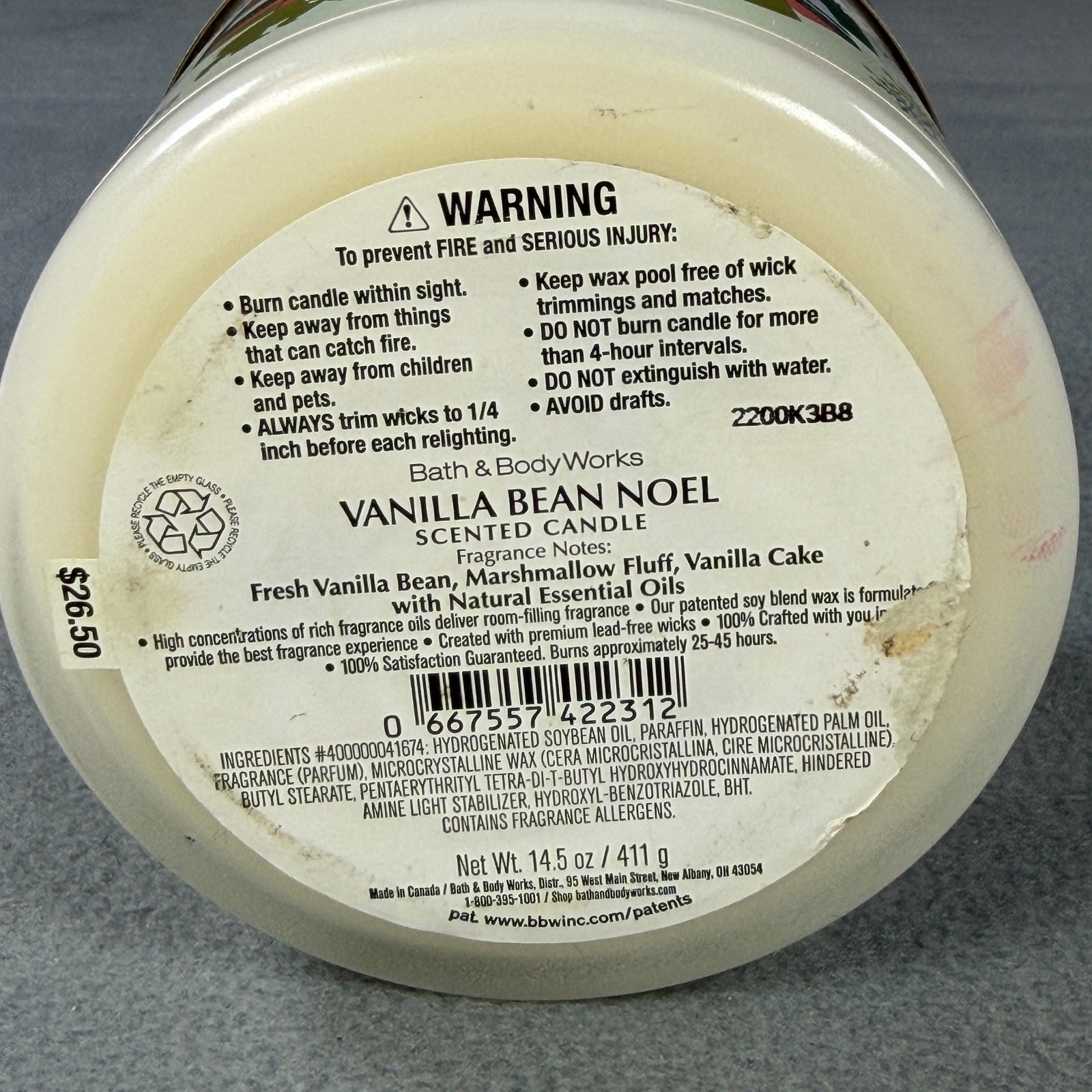 Bath & Body Works Vanilla Bean Noel 3-Wick Scented Candle 14.5 oz Holiday White