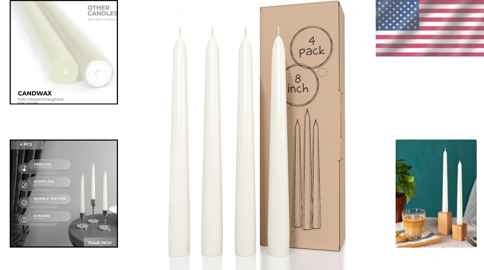 Long Burning 8 Inch Ivory Taper Candles – Set of 4 Dripless & Allergy-Friendly