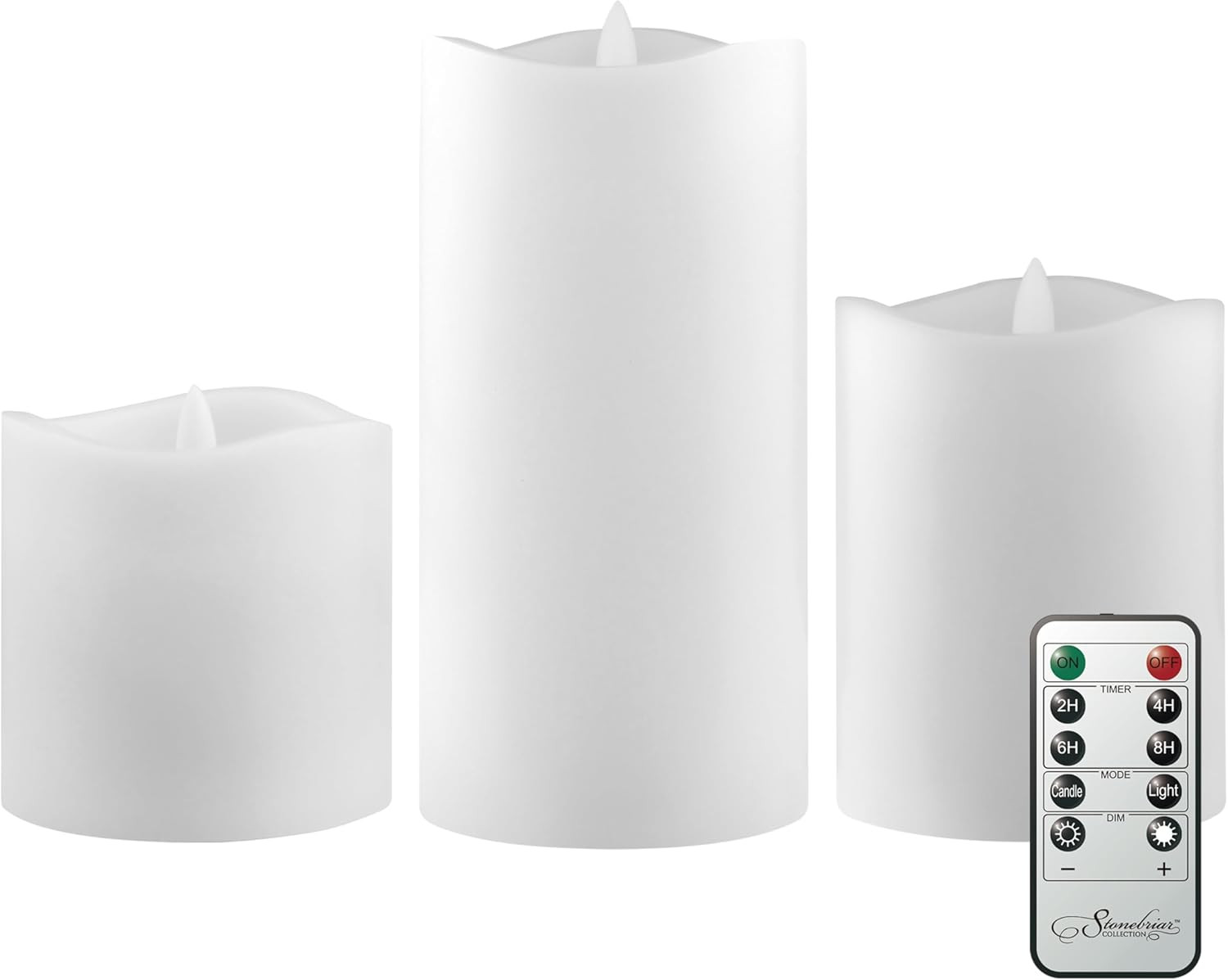3 Pack White Real Wax Assorted Size Flameless LED Pillar Candles with Remote and