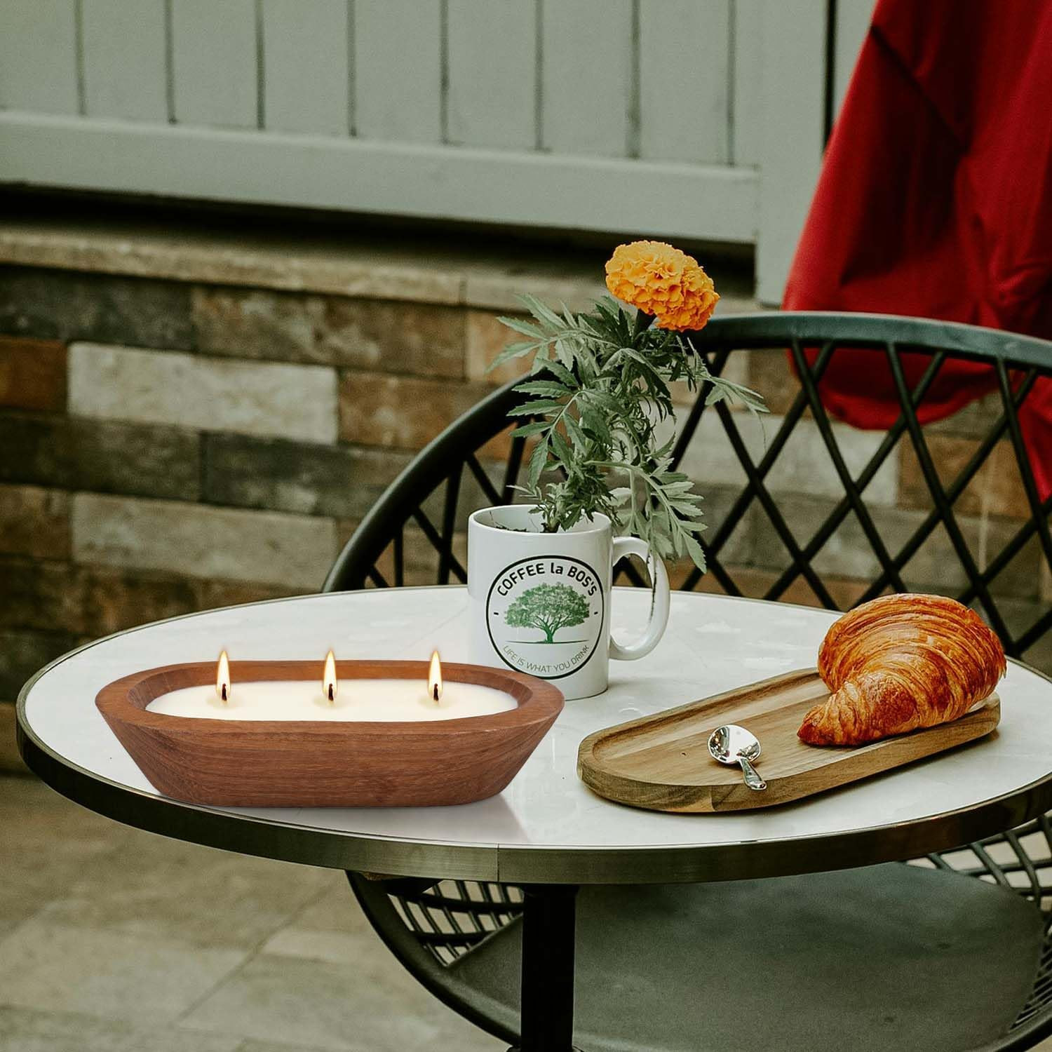 Citronella Scented 3-Wick Candle Oval Wood Bowl Candle, Clean Burning