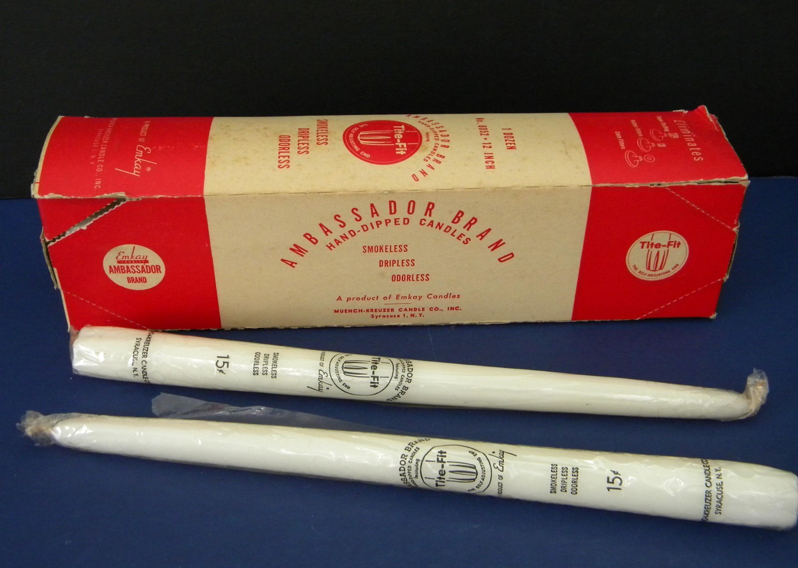 Emkay Tite-Fit Smokeless Dripless Odorless 12″ Taper Candles #6052 Box/12 (NOS)