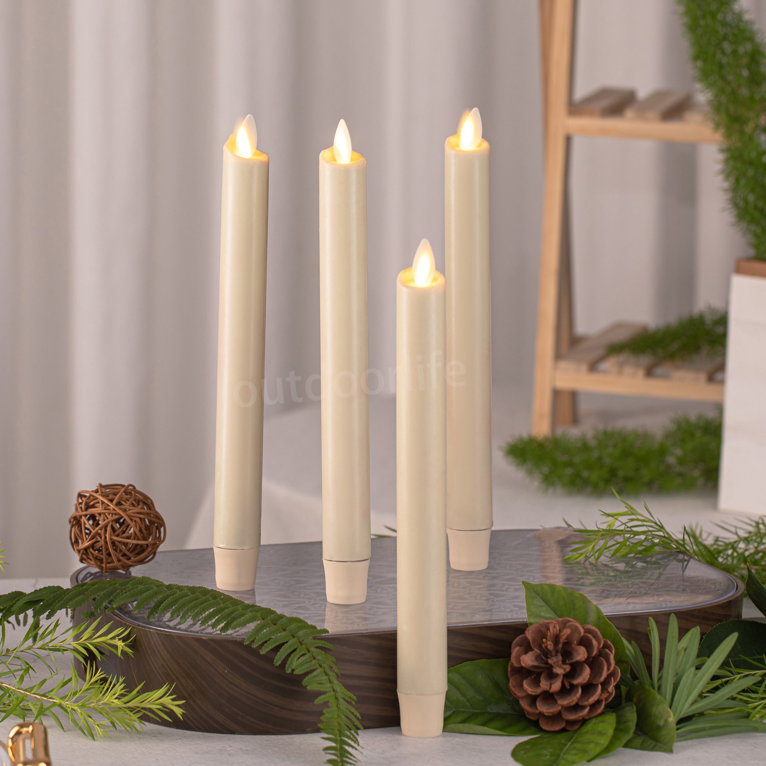 Set of 4 Luminara Flameless Wax Taper Candles w/Moving Flame Remote Ivory 9.5″