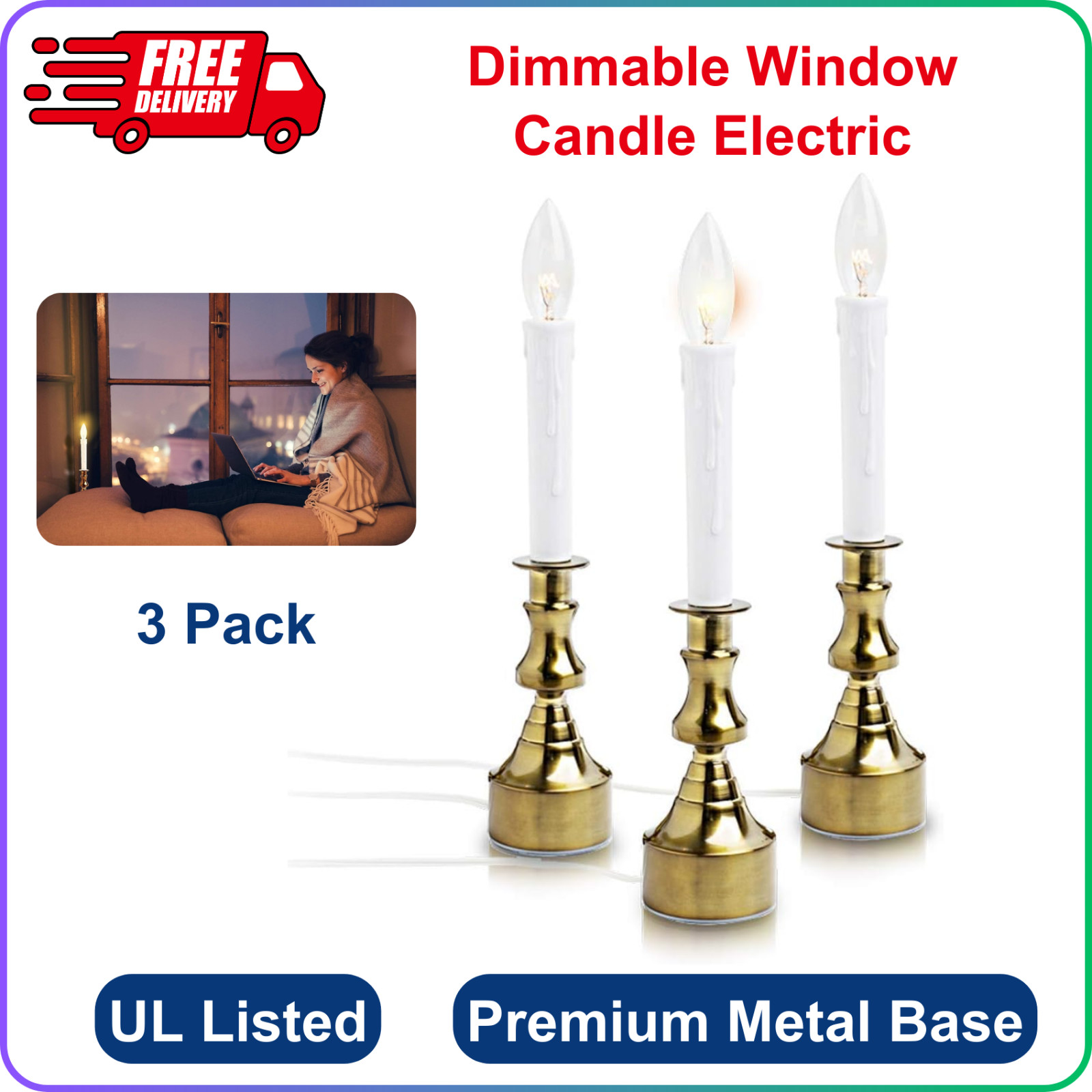 Dimmable Window Candle Electric W/ Multi Timer IR Controller, Metal Base (Brass)