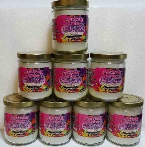 Smoke Odor Exterminator 13 oz Jar Candle,Patchouli Amber Set of Eight Candles.