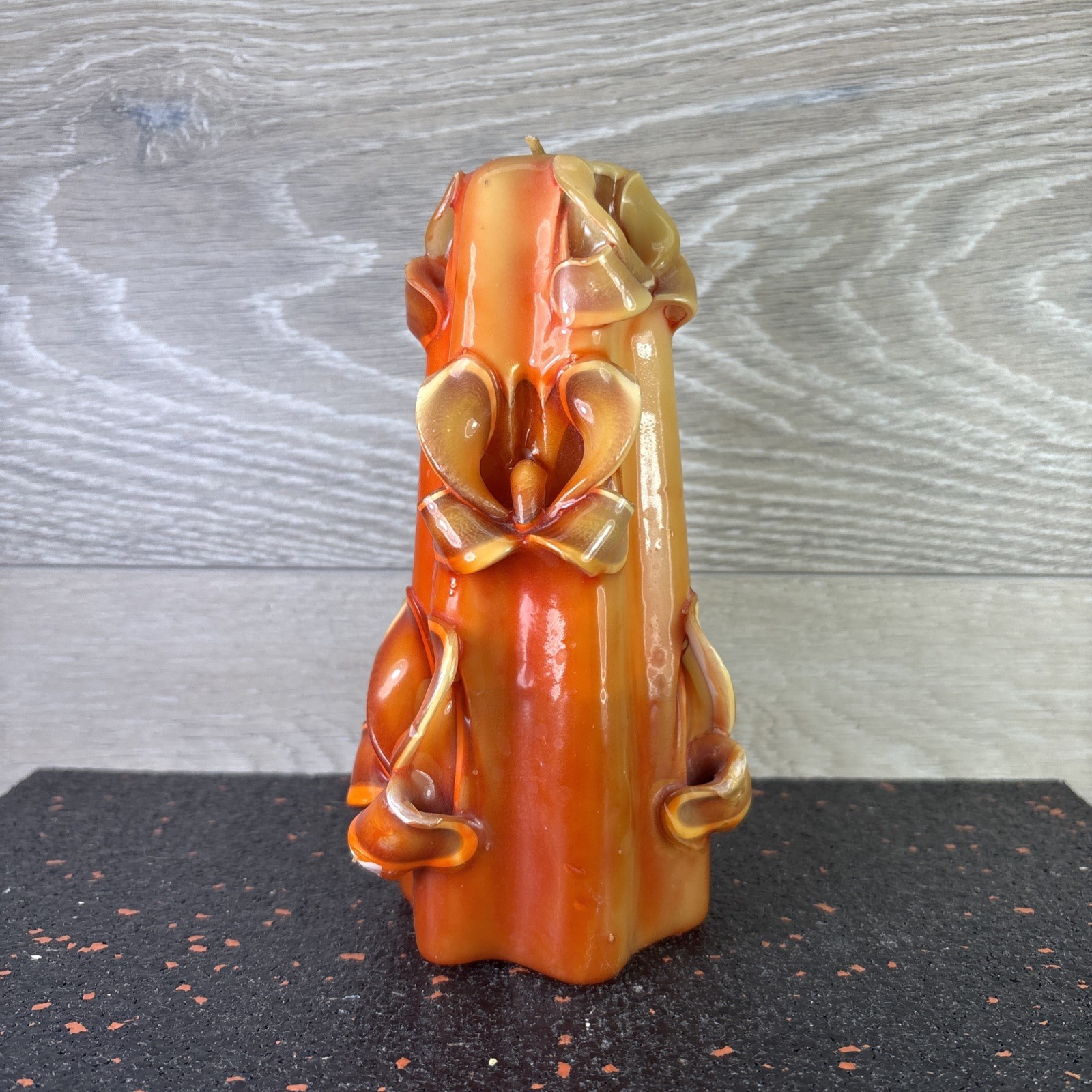 Vintage Candle Art Hand Carved Art Deco Theme, Beige Orange Brown 6” Tall