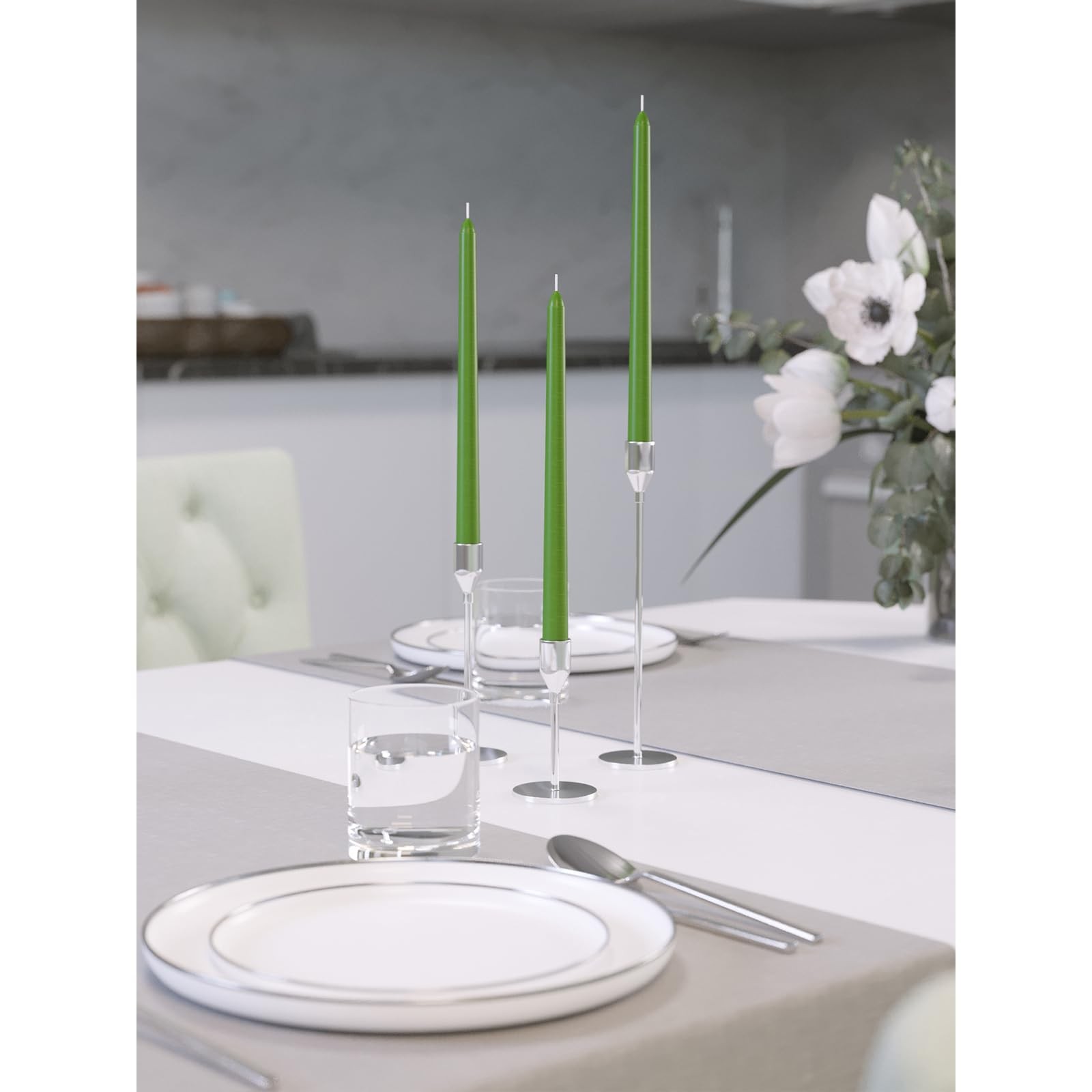 Grass Green Taper Candles Dripless Unscented Long Burning Dinner 4 Pack Set