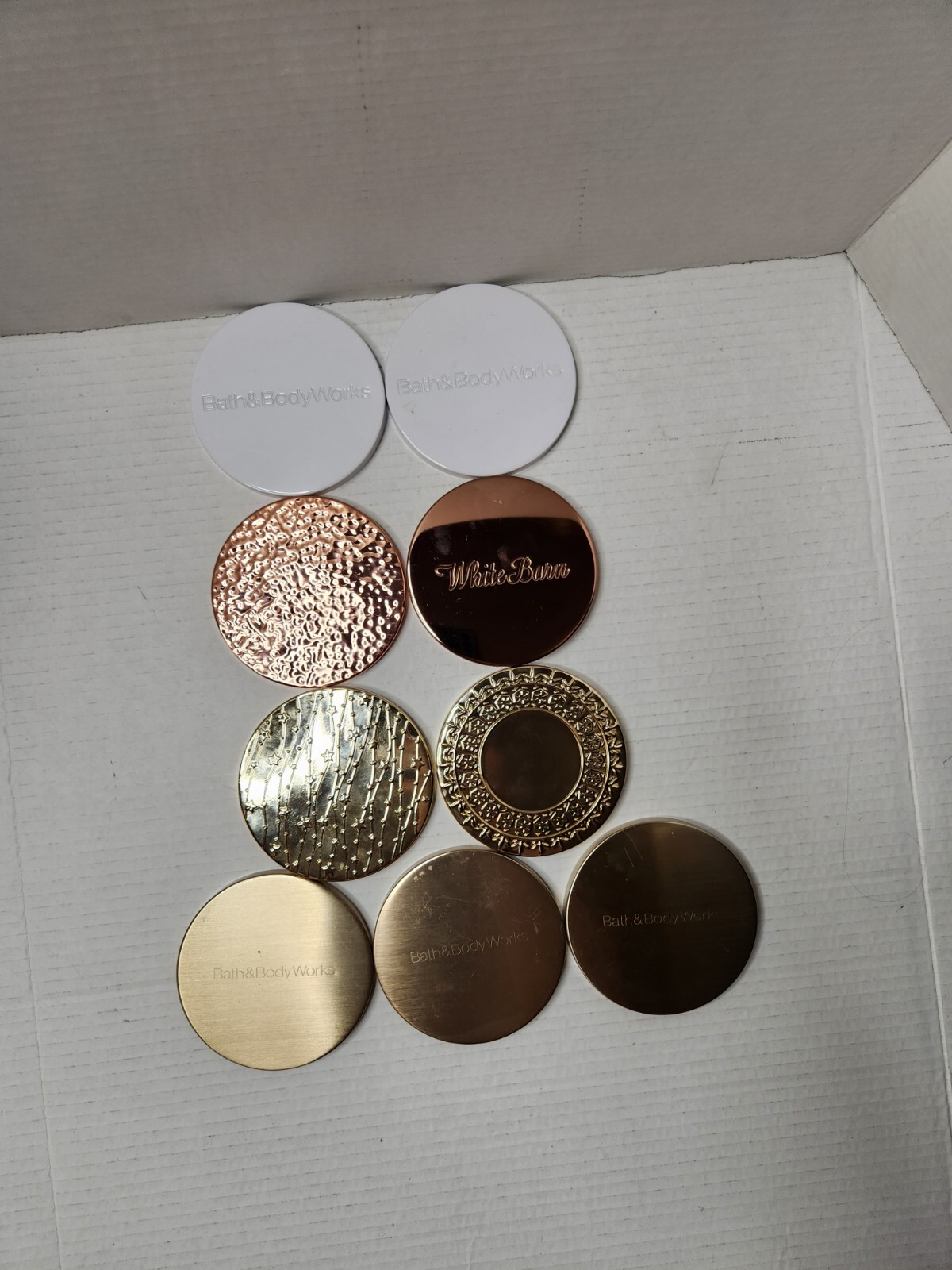 Bath & Body Works 3 Wick Candle Lids White Rose Gold Hammered Copper Metal Star