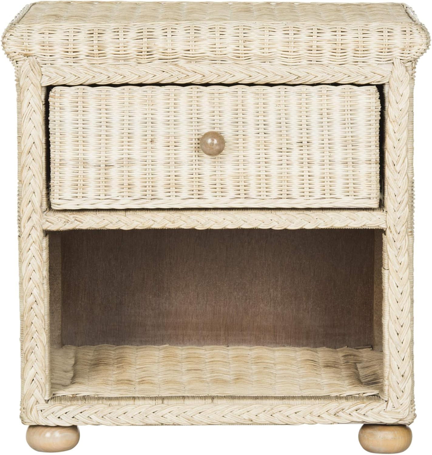 Adira White Wash Wicker Nightstand – Coastal Boho Accent Table with Shelf
