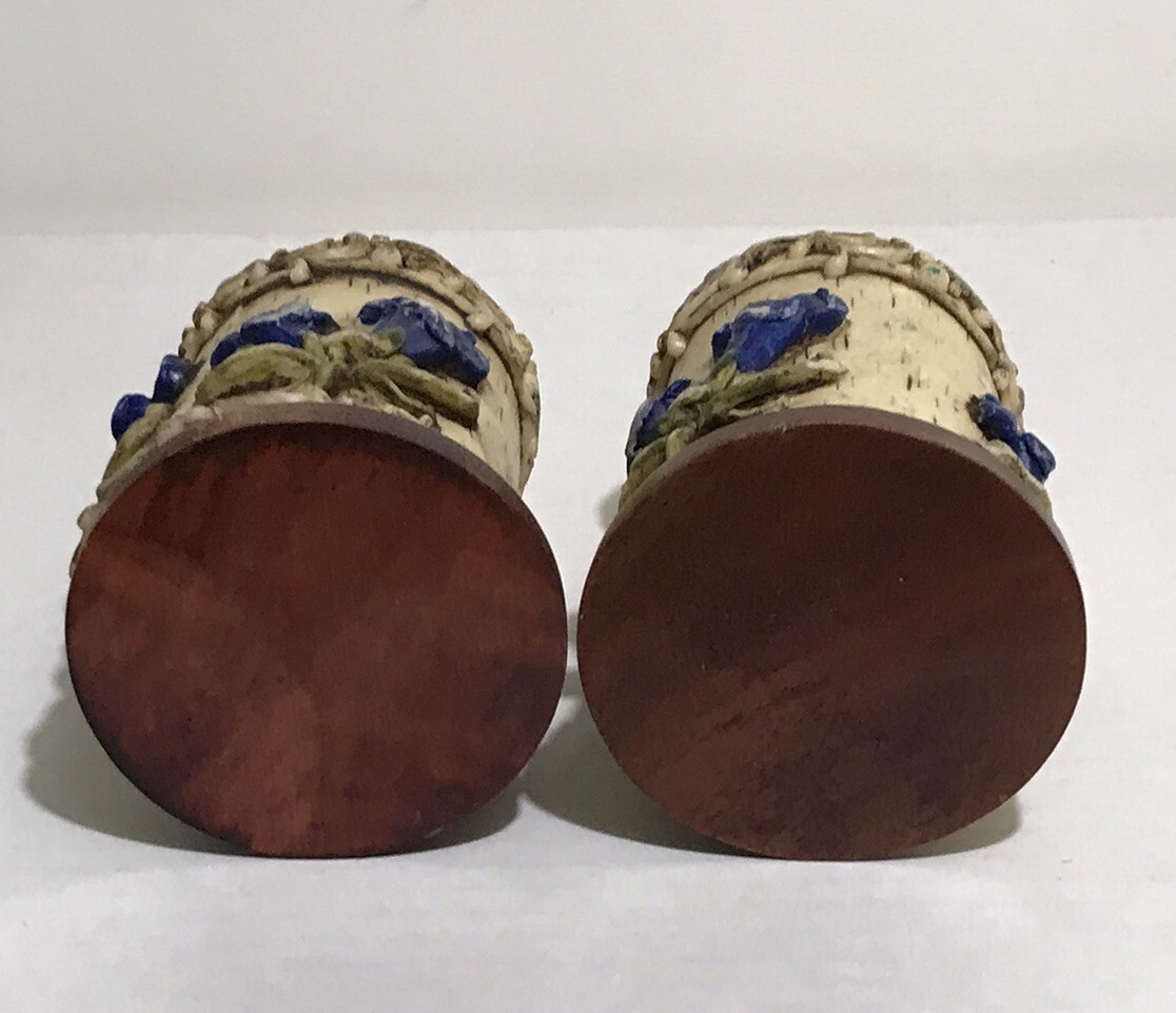Vintage Set Of 2 Carved Flower Pillar Candles Hand Painted With Wood Base