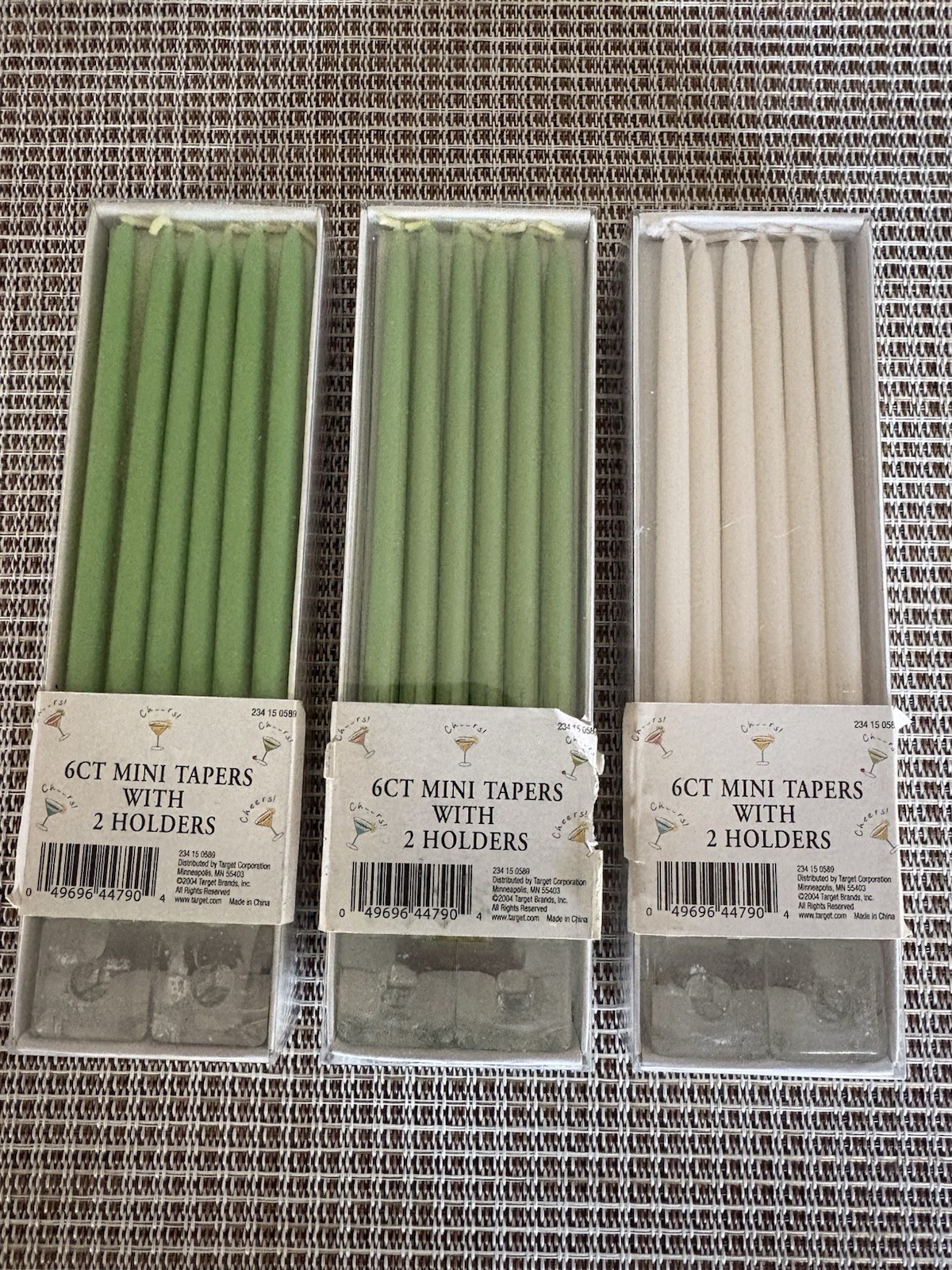 Lot of 3 Target Mini Candle Tapers 2004 Green White 6″ w/Cube Holders