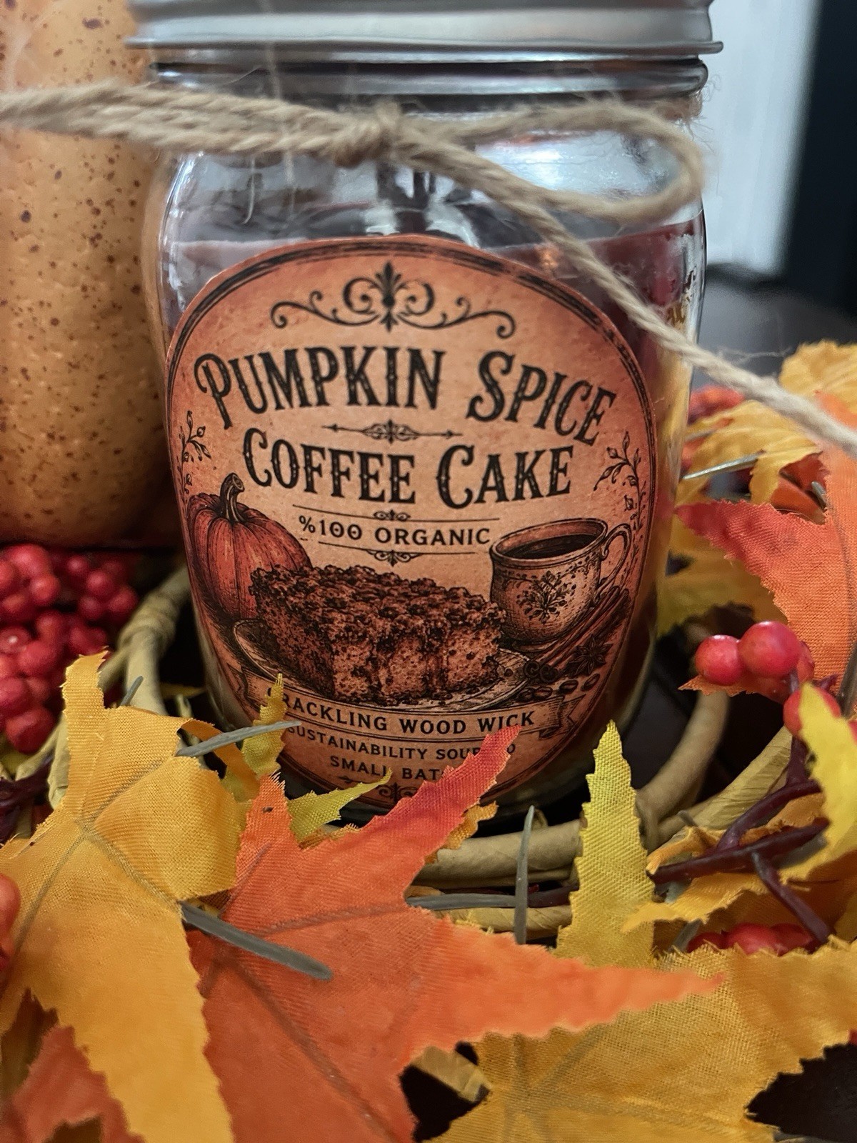 Organic Pumpkin Spice Coffee Cake Candle Crackling Wood Wick Highly Fragrant